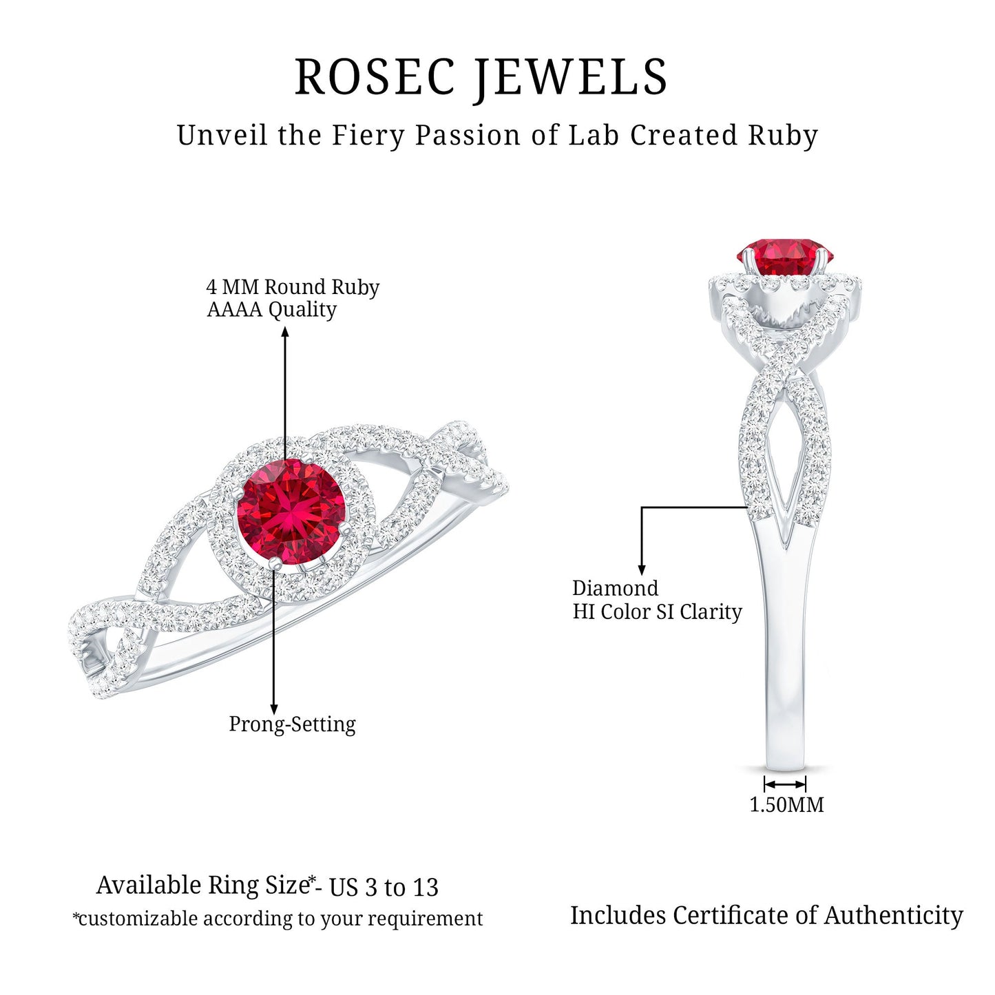 Criss Cross Shank Created Ruby and Diamond Halo Engagement Ring