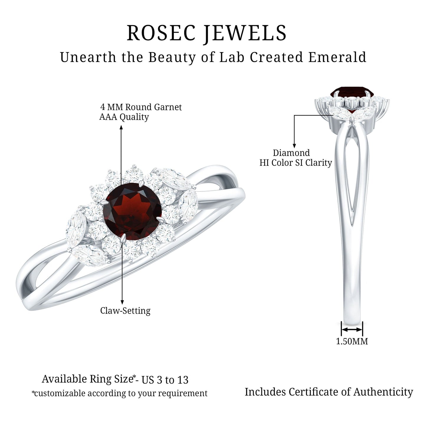 Natural Garnet Diamond Flower Engagement Ring with Split Shank