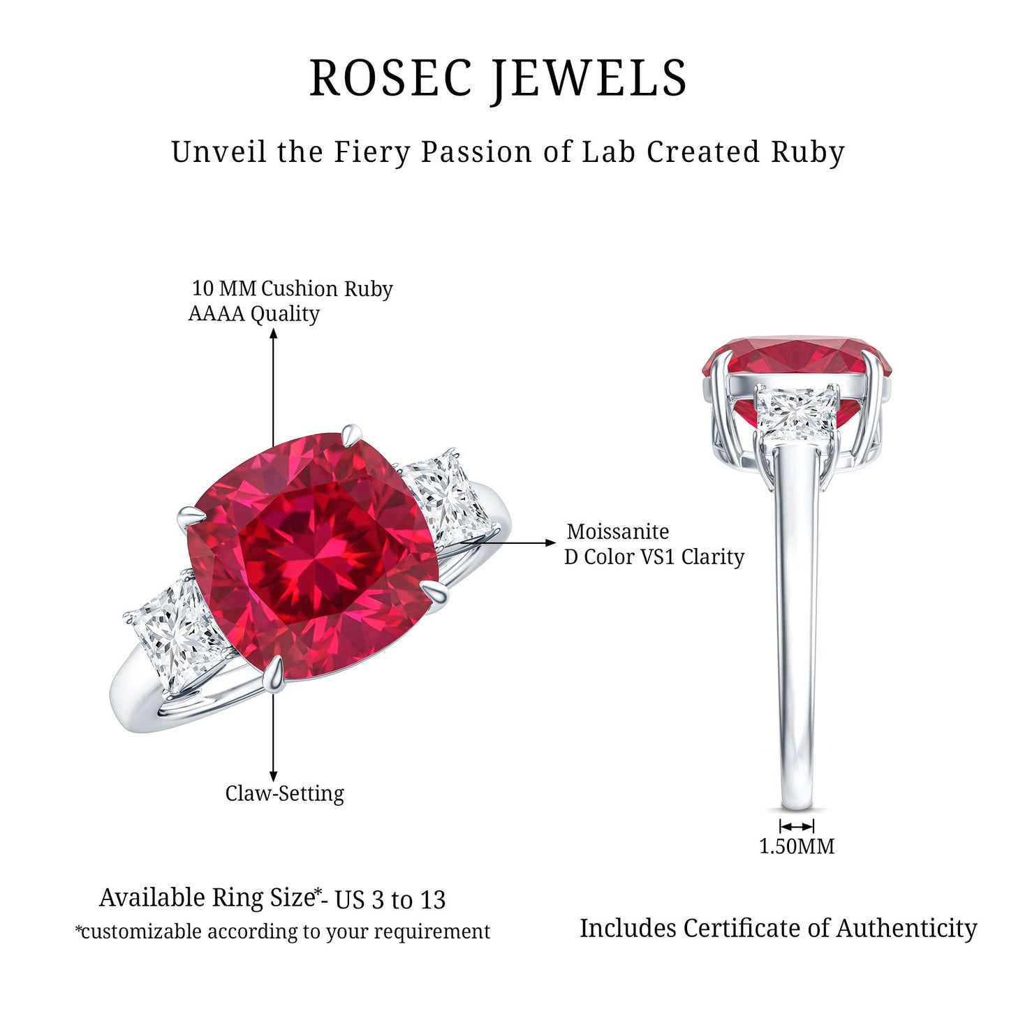 Lab Created Ruby Cushion Engagement Ring with Moissanite