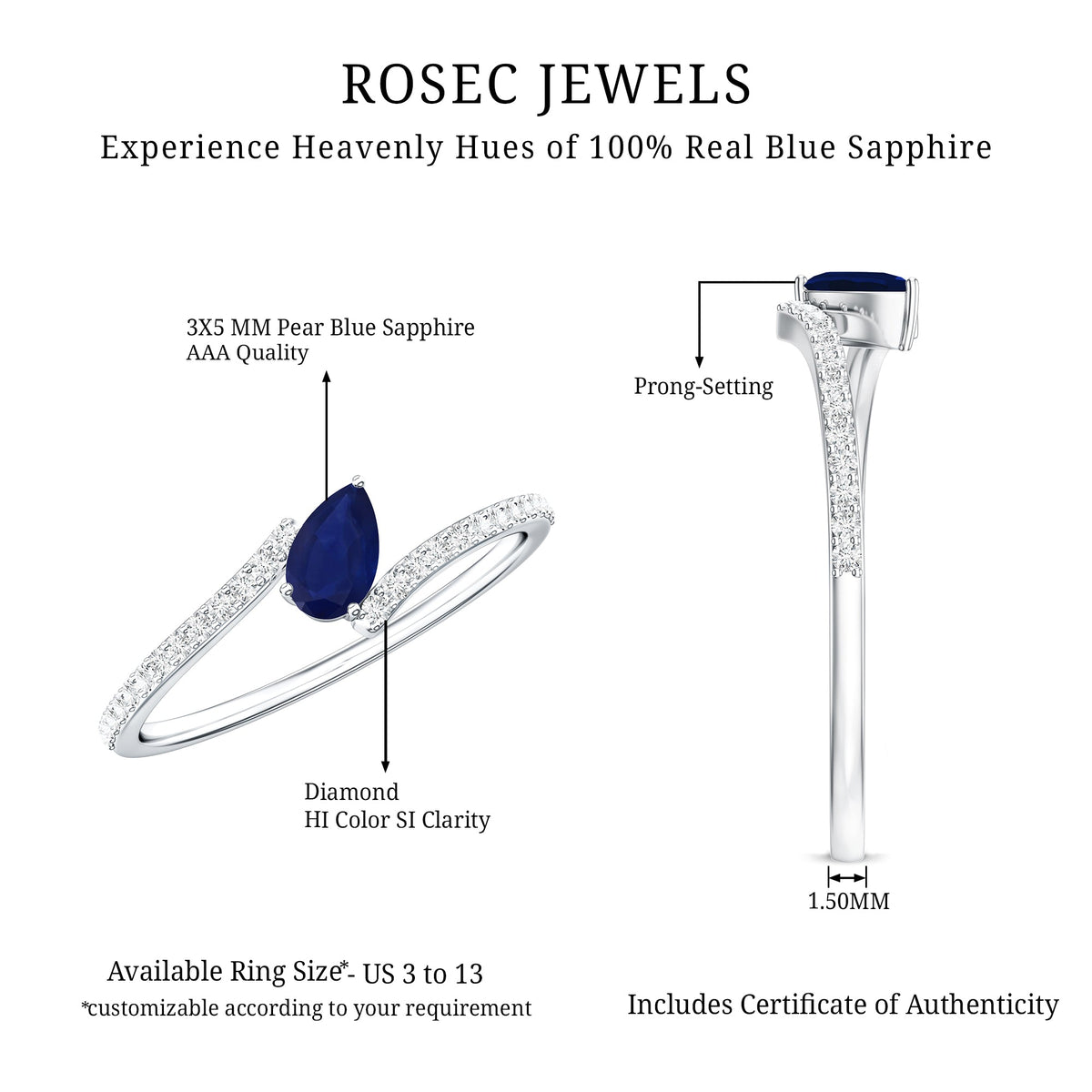 Pear Shaped Blue Sapphire and Diamond Bypass Promise Ring