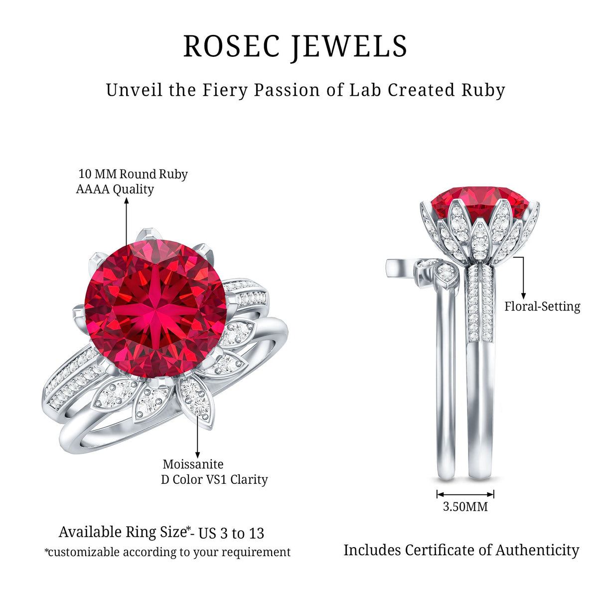 Lab Grown Ruby Flower Bridal Engagement Ring Set with Moissanite