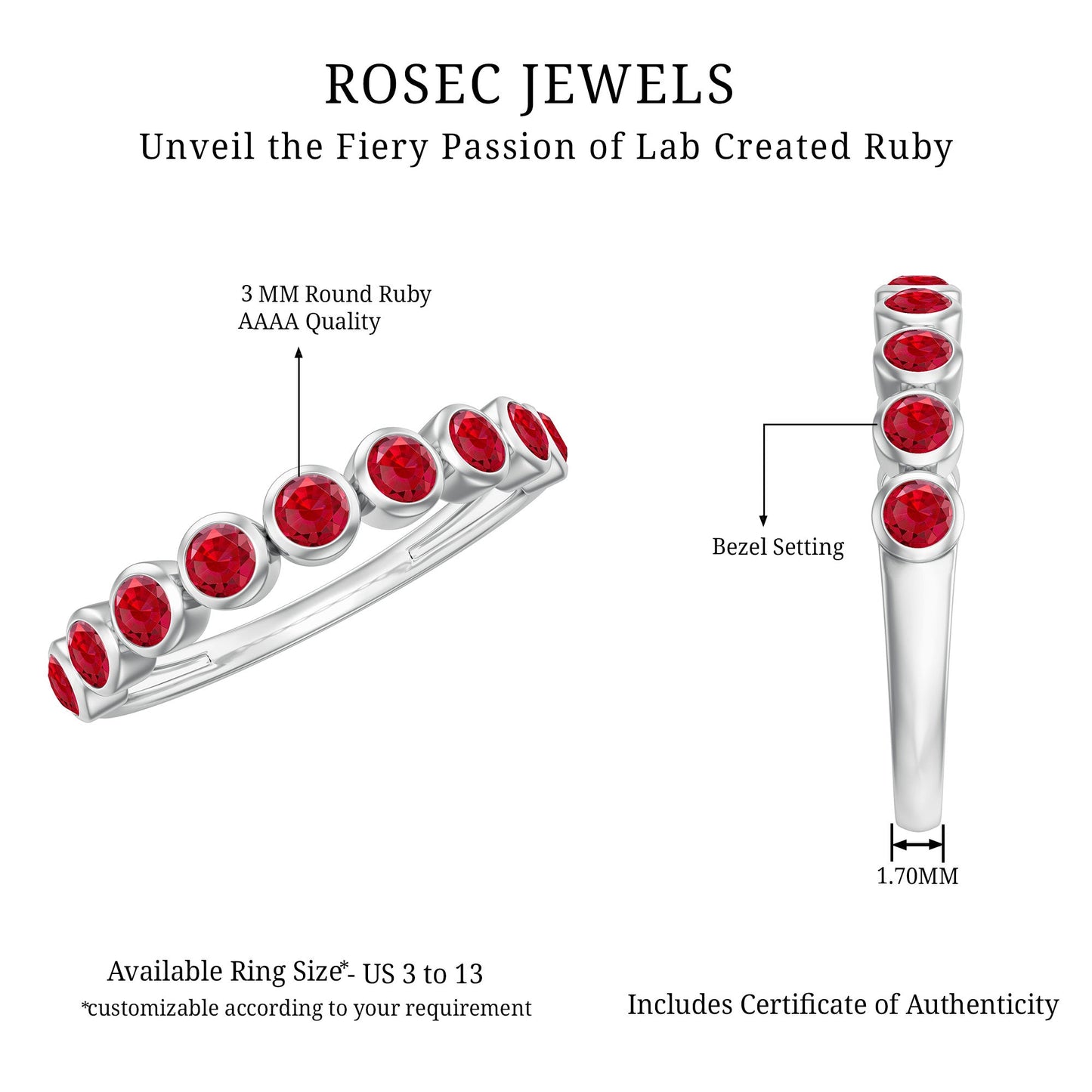 Minimal Created Ruby Half Eternity Ring in Bezel Setting