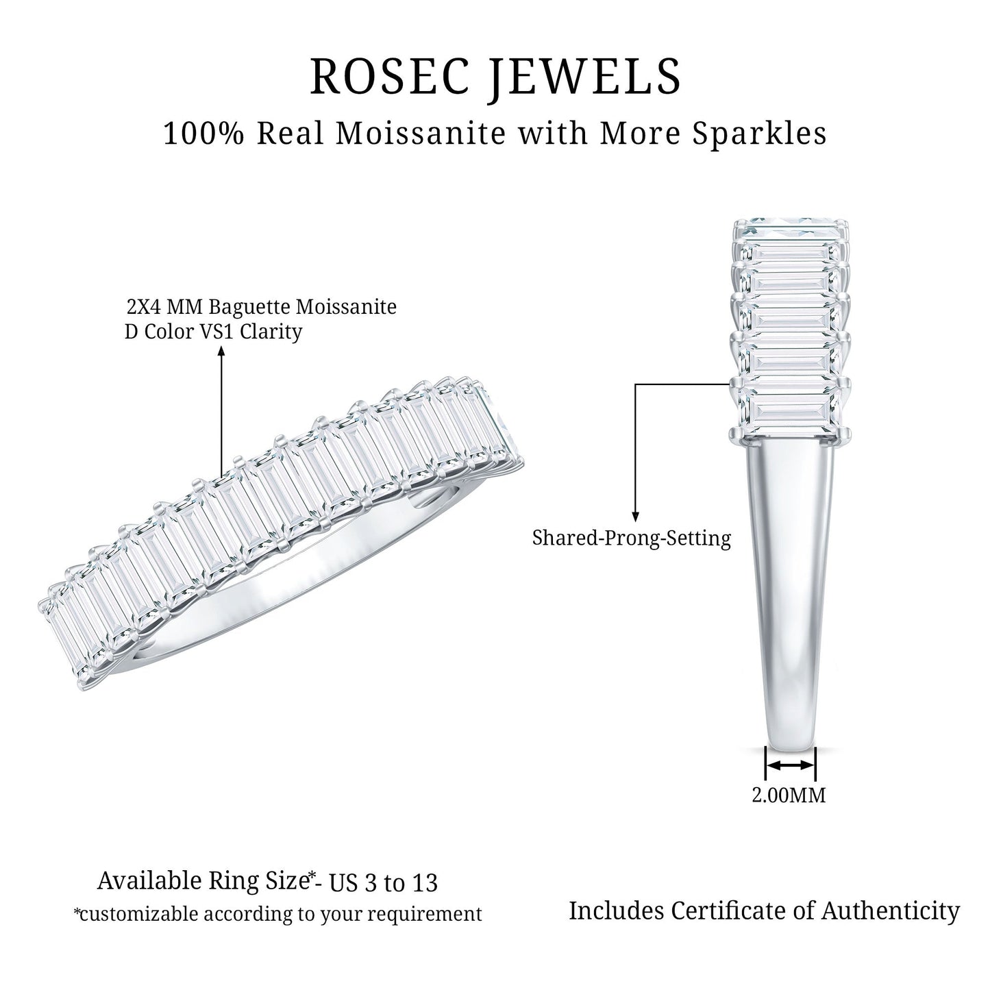 Baguette Cut Certified Moissanite Half Eternity Band Ring