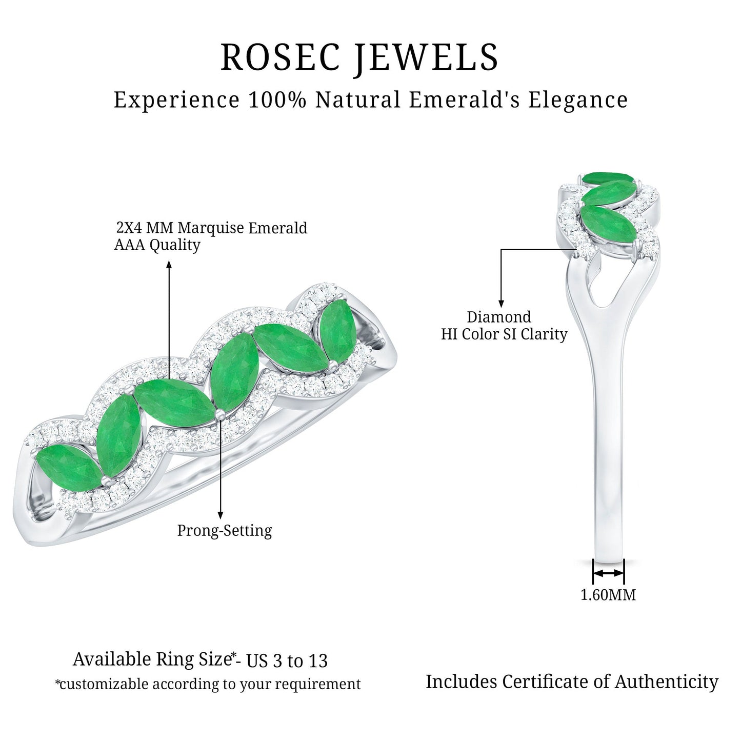 Natural Marquise Emerald Half Eternity Anniversary Ring with Diamond