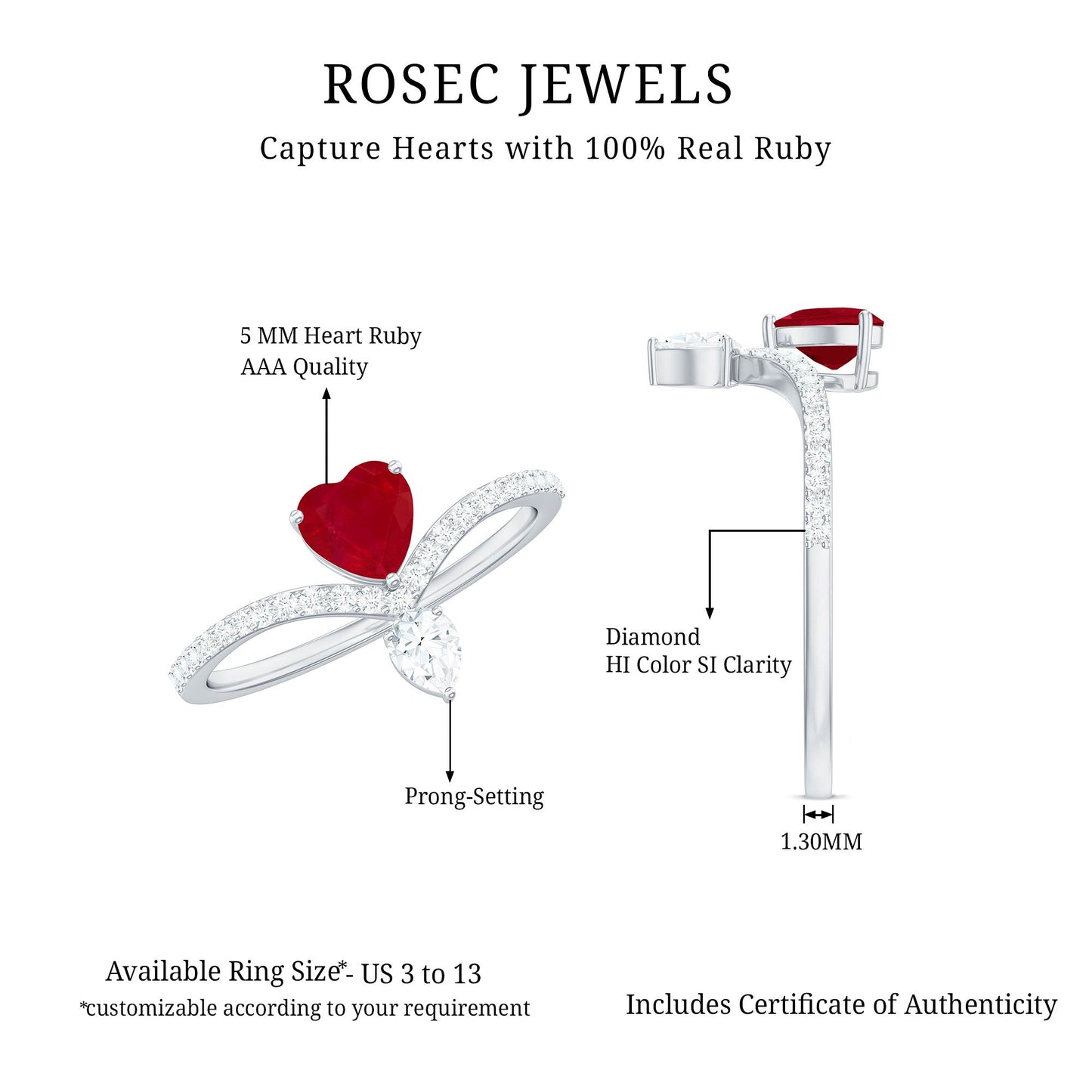 Natural 0.6 Carat Ruby Heart Promise Ring with Diamond Chevron Shank