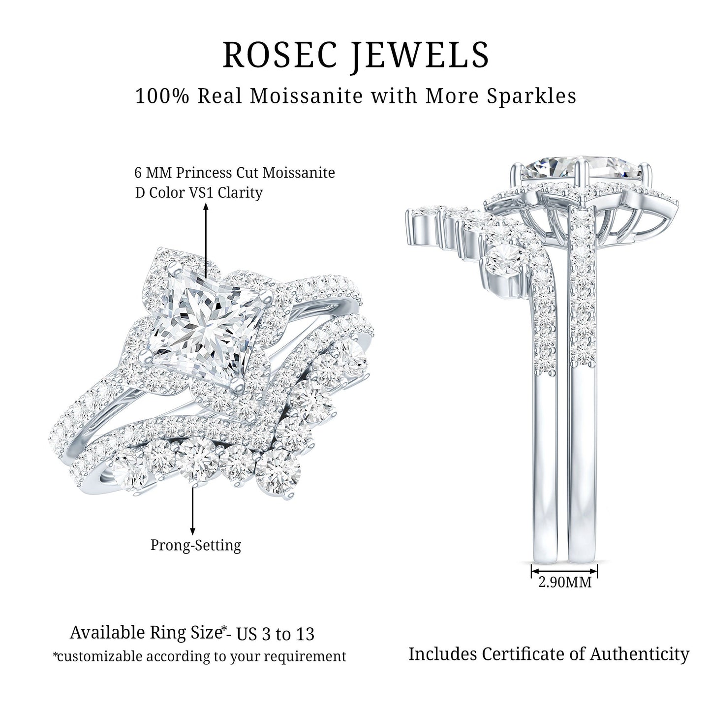 Princess Cut Moissanite Bridal Wedding Ring Set for Women