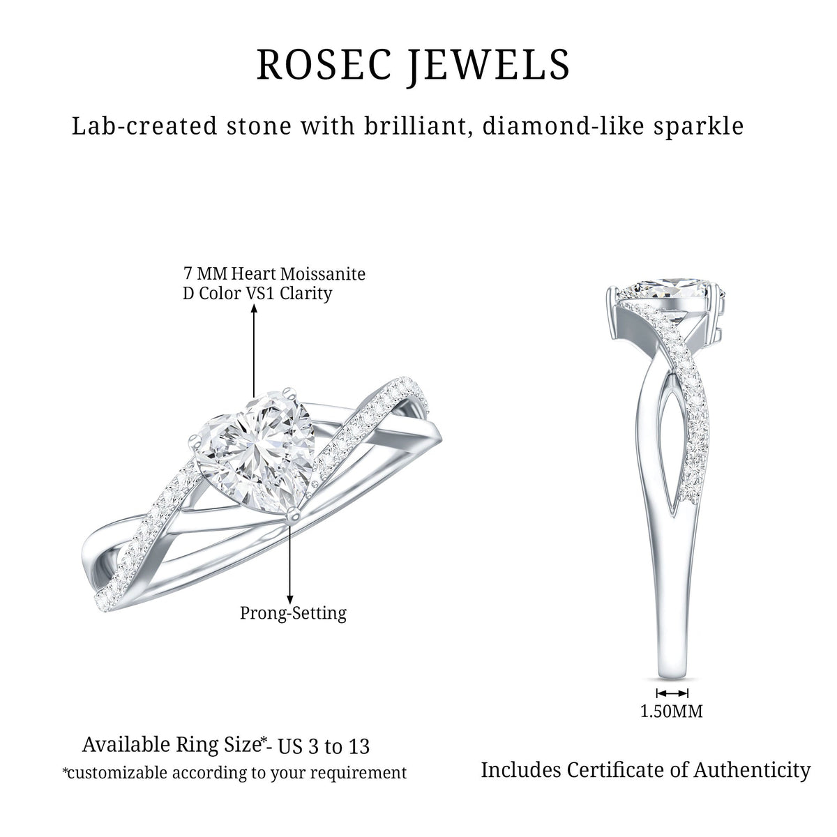 1.50 CT Heart Shape Moissanite Crossover Engagement Ring