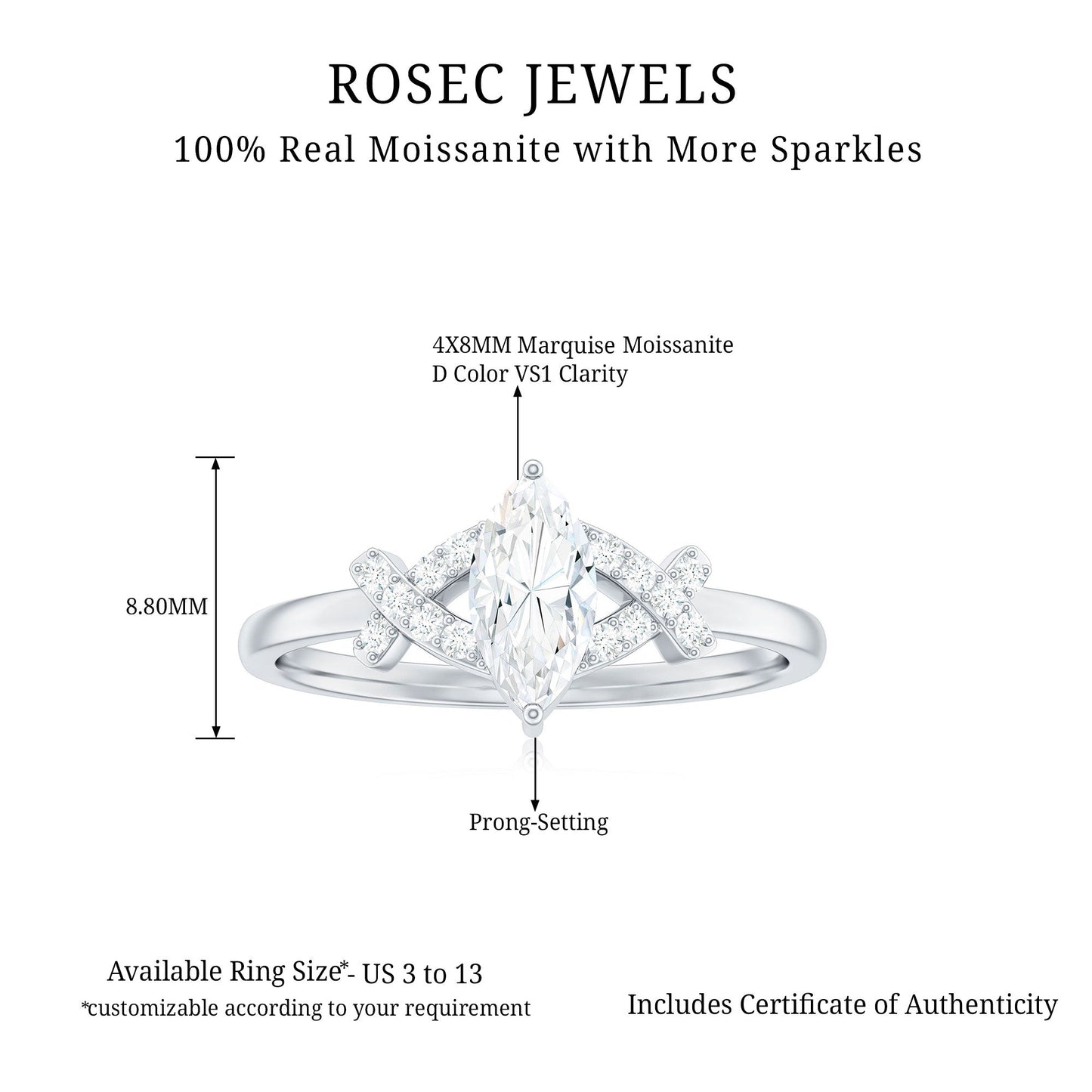 Certified Moissanite Marquise Engagement Ring for Women