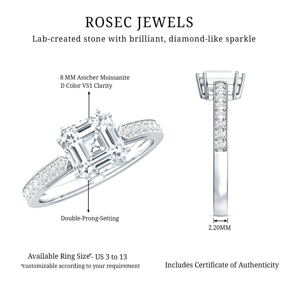 3 Carat Asscher Cut Moissanite Solitaire Engagement Ring with Side Stones