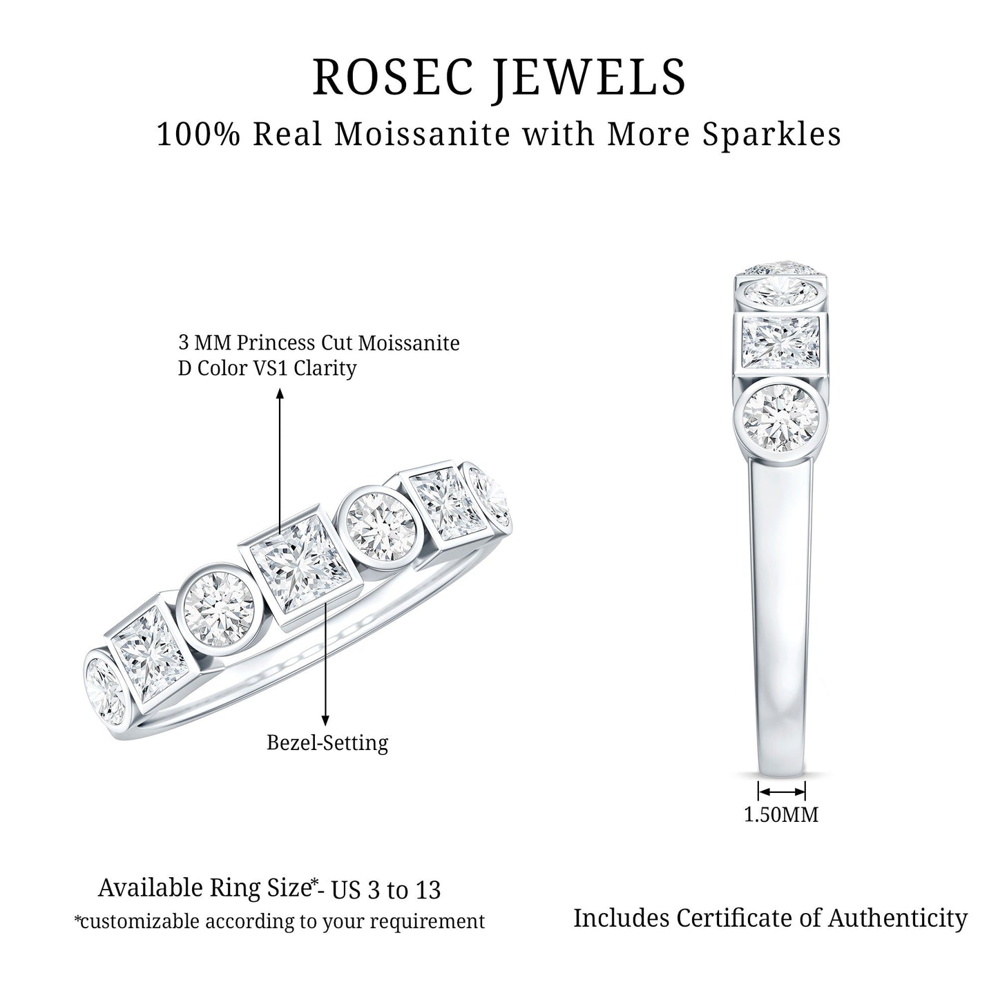 Alternate Bezel Set Moissanite Half Eternity Band Ring