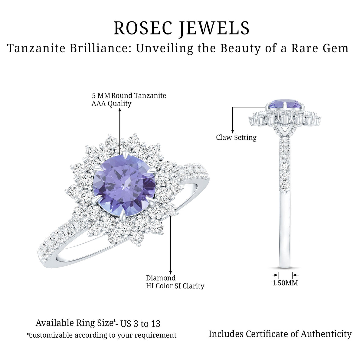 Natural Tanzanite Diamond Engagement Ring with Double Halo