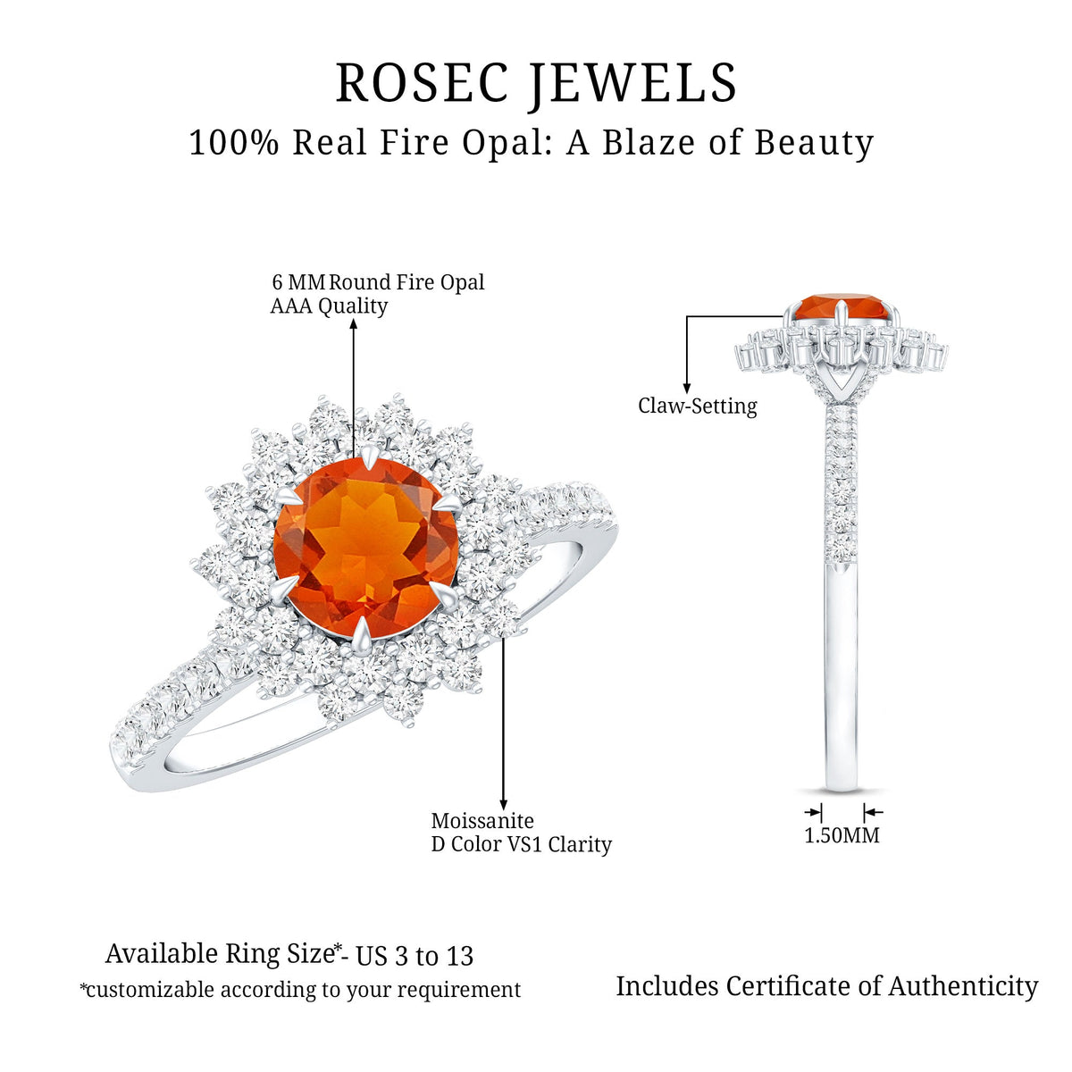 Round Fire Opal Statement Engagement Ring with Moissanite