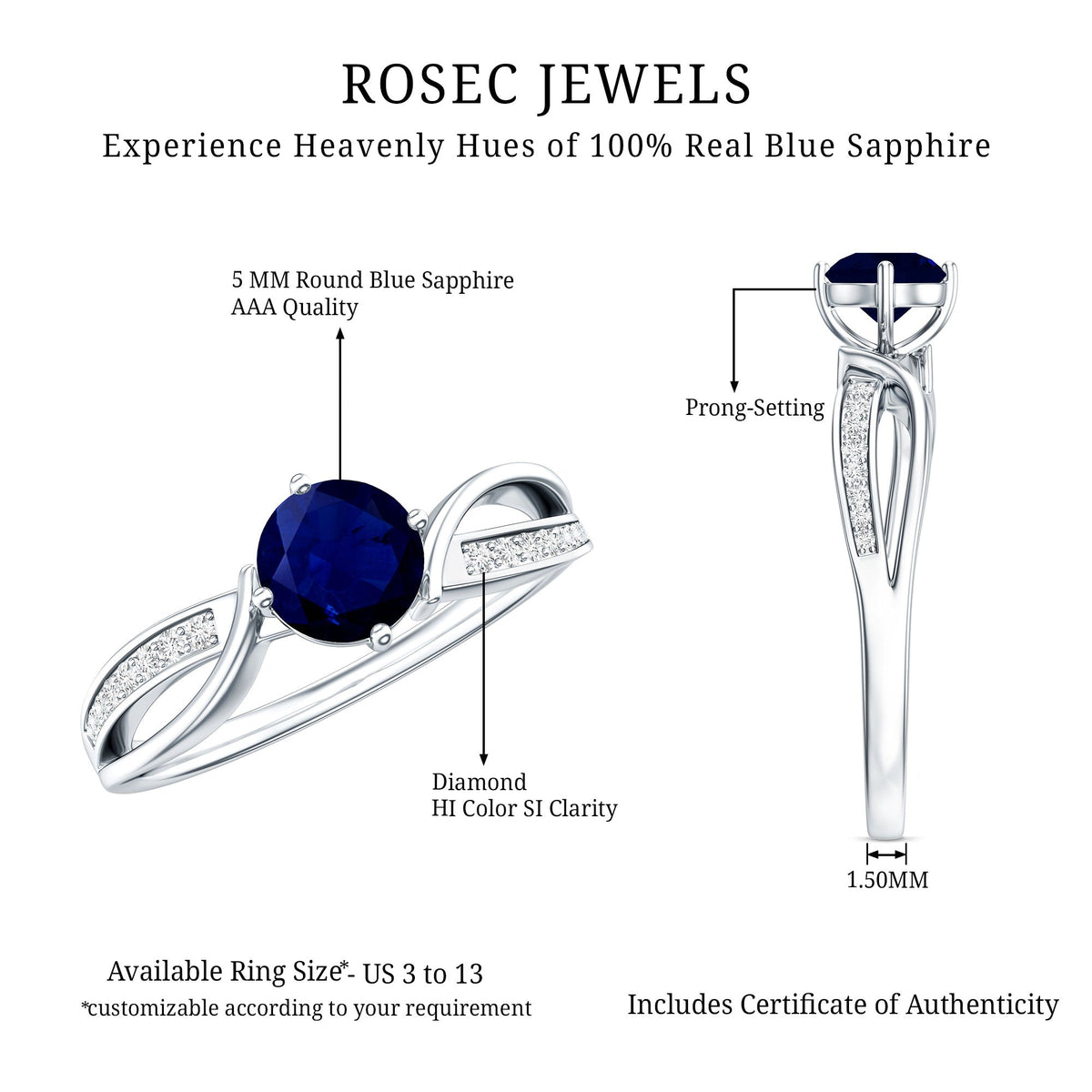 Real 0.95 Carat Round Blue Sapphire Infinity Engagement Ring with Diamond
