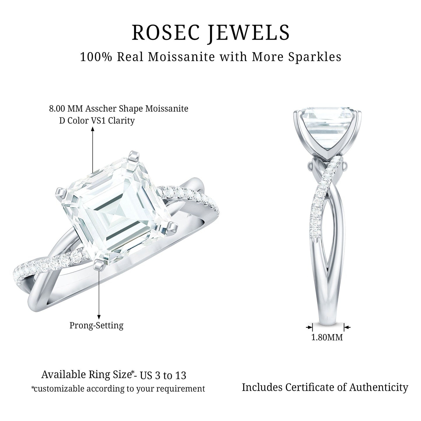 Certified Moissanite Asscher Cut Engagement Ring with Twisted Shank