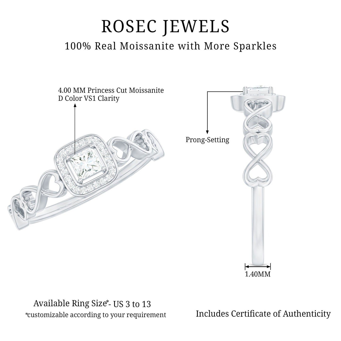 Certified Princess Cut Moissanite Infinity Engagement Ring