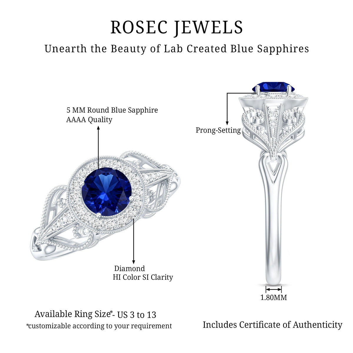 Certified 0.6 Carat Lab Grown Blue Sapphire Retro Engagement Ring with Diamond