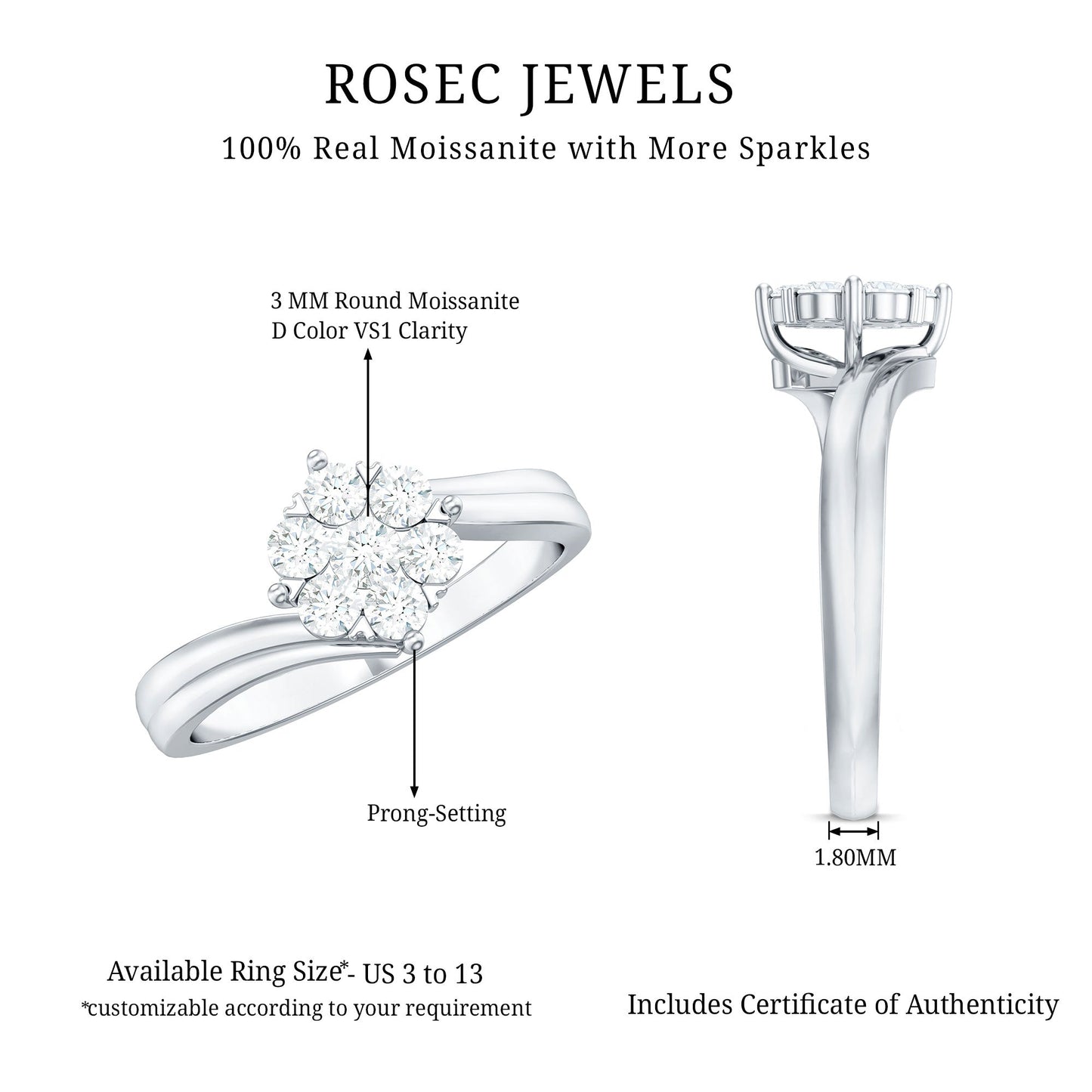 Round Moissanite Flower Proposal Ring in Bypass Shank