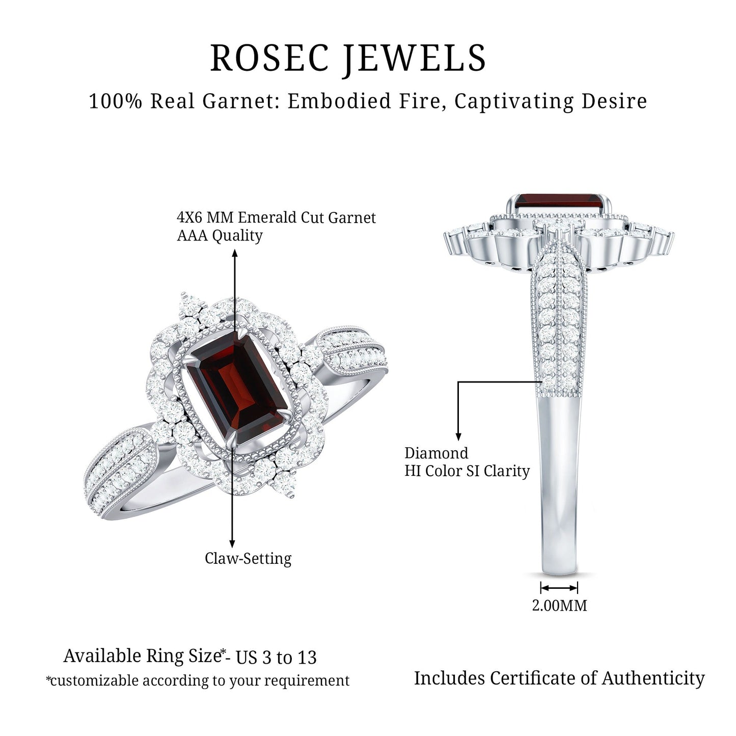 Certified Real Emerald Cut Garnet Retro Engagement Ring with Diamond