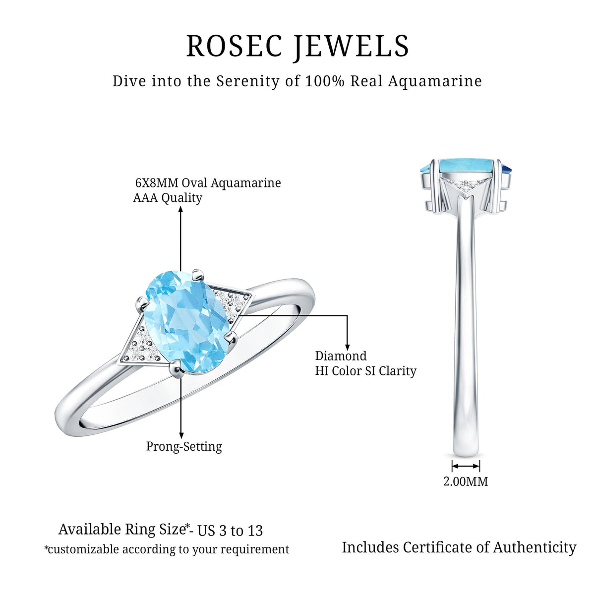 Genuine 1 Carat Aquamarine Oval Engagement Ring with Diamond