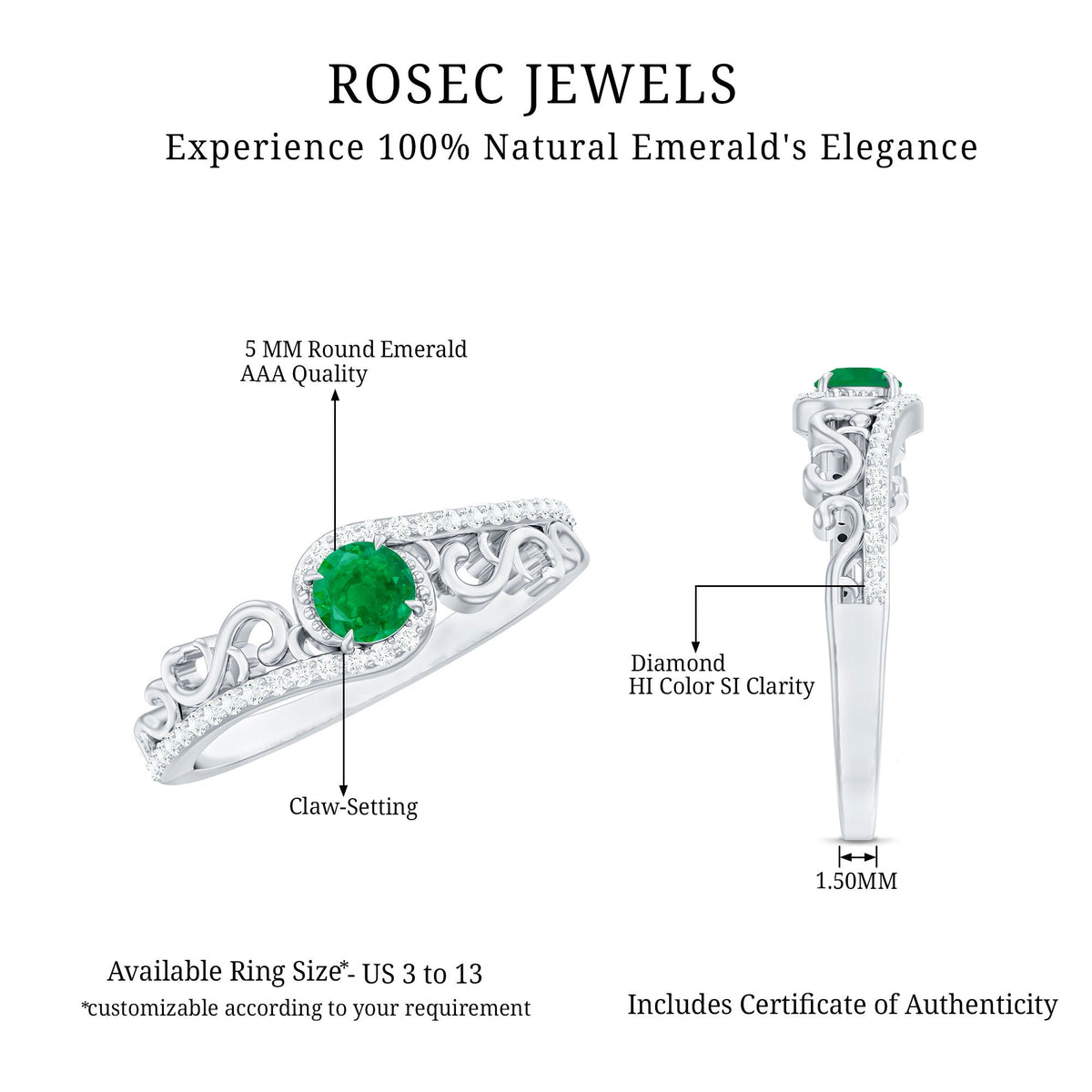 Vintage Emerald Engagement Ring with Diamond Bypass Shank