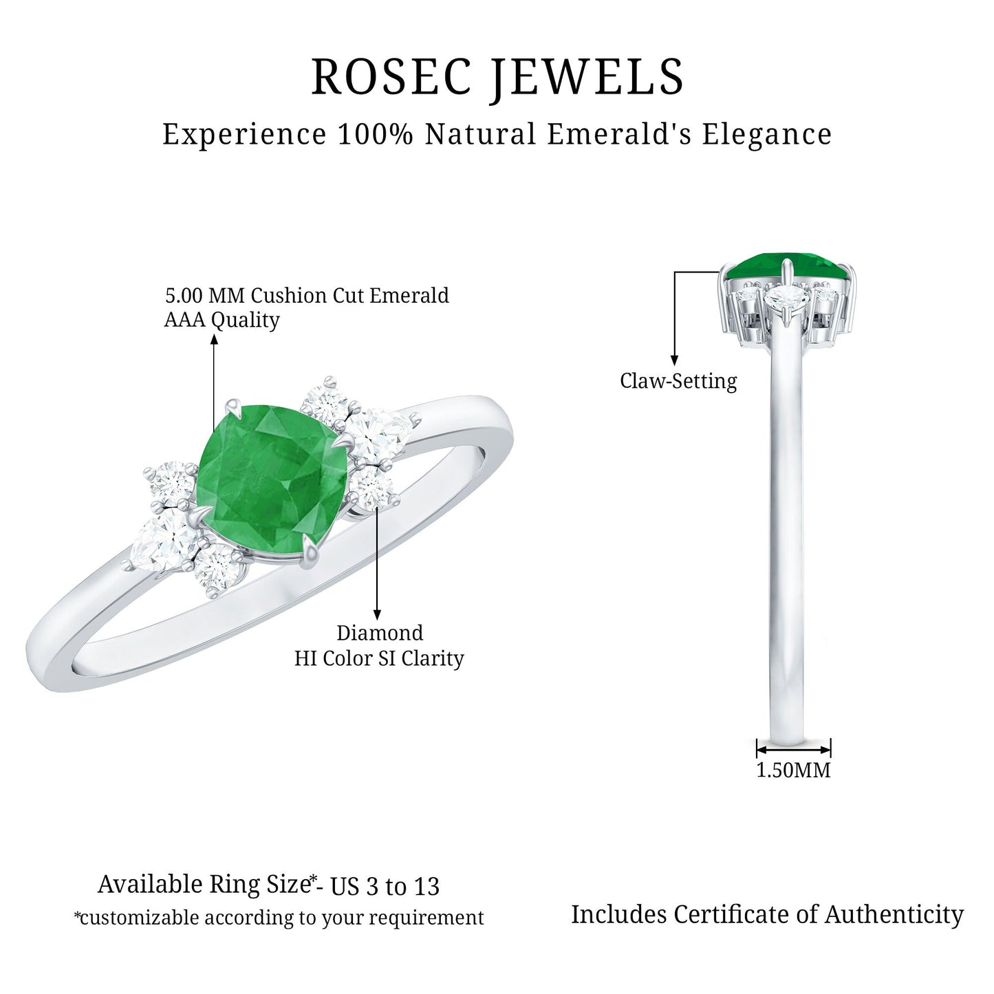 Certified Real Cushion Cut Emerald Engagement Ring with Diamond Trio