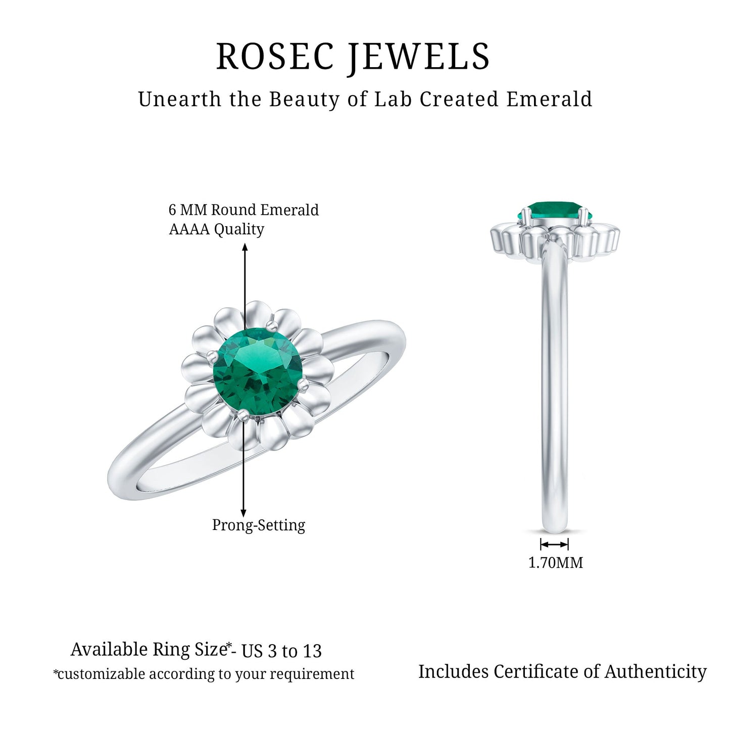Certified Round Lab Grown Emerald Flower Promise Ring