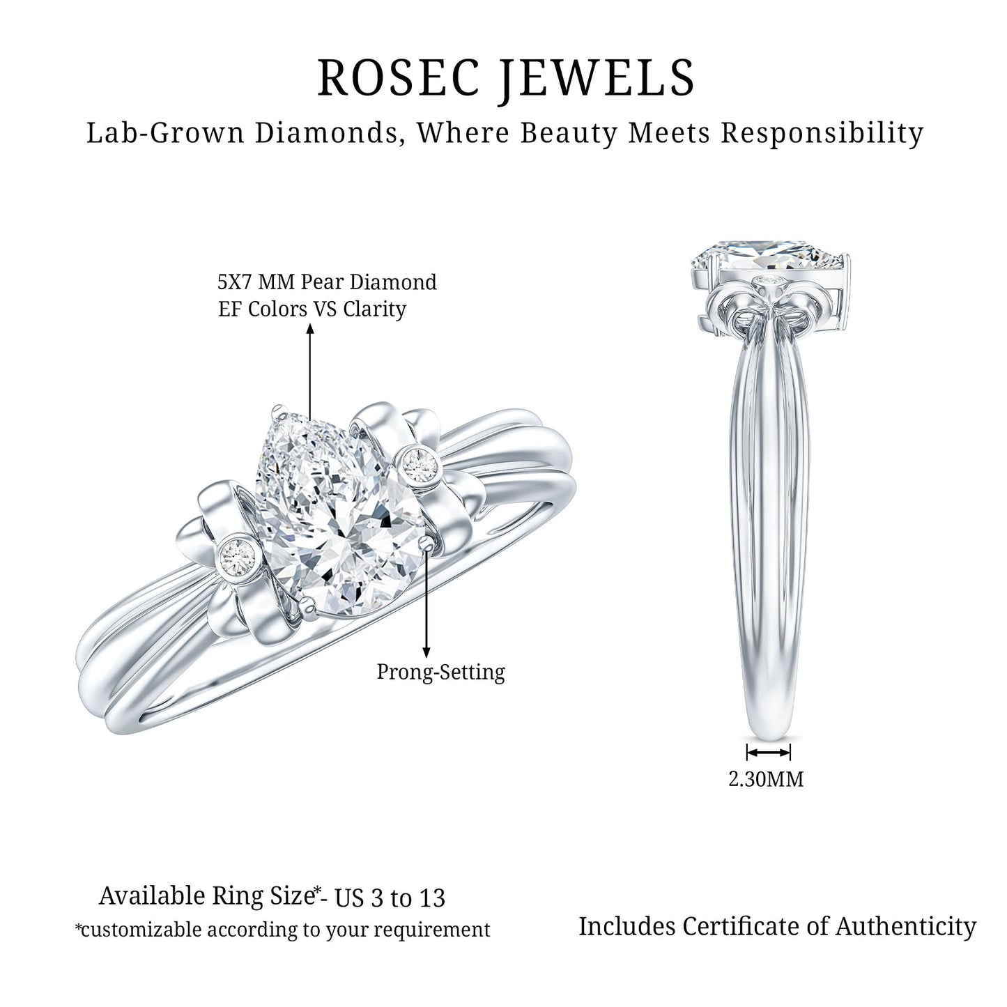 Pear Cut Lab Grown Diamond Solitaire Engagement Ring with Bow