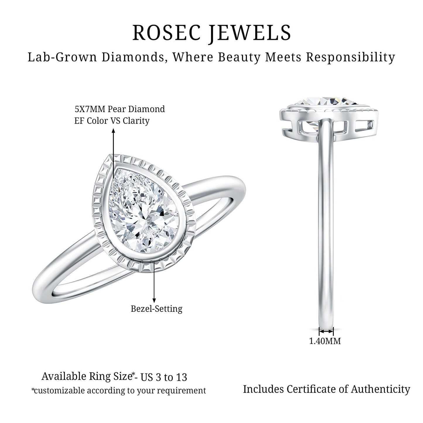 Pear Cut Lab Grown Diamond Solitaire Ring with Engraved Details