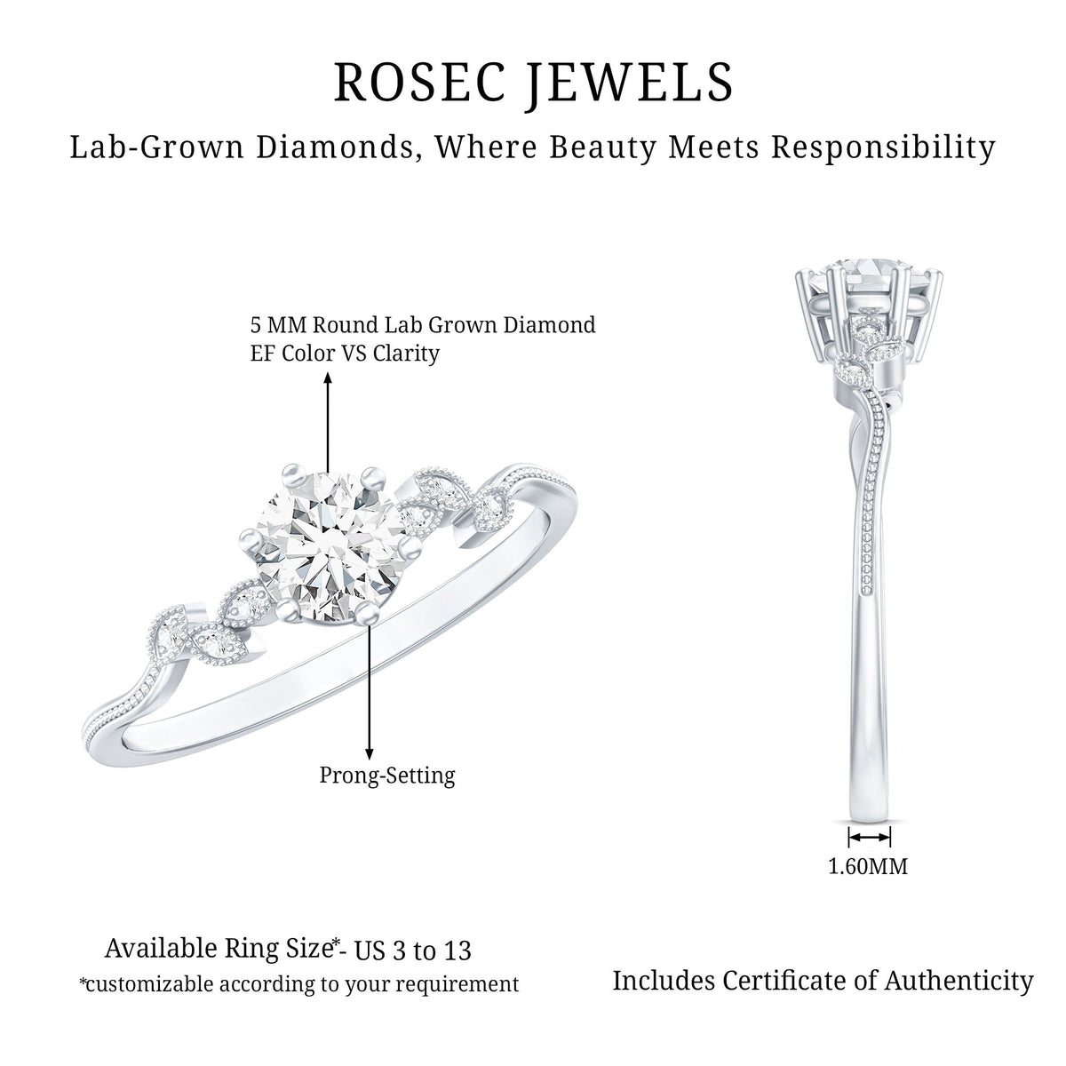 Minimal Lab Grown Diamond Leaf Ring with Beaded Detailing