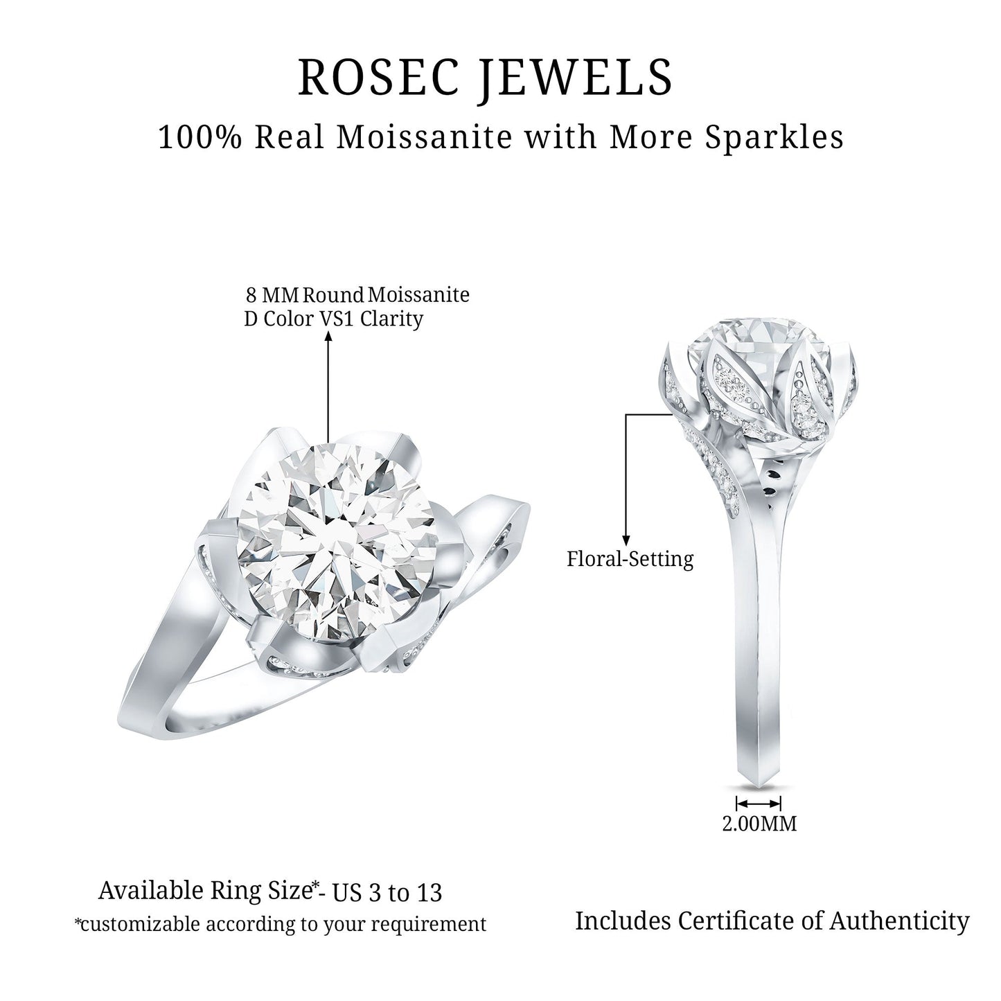 2 Carat Moissanite Floral Engagement Ring with Bypass Shank