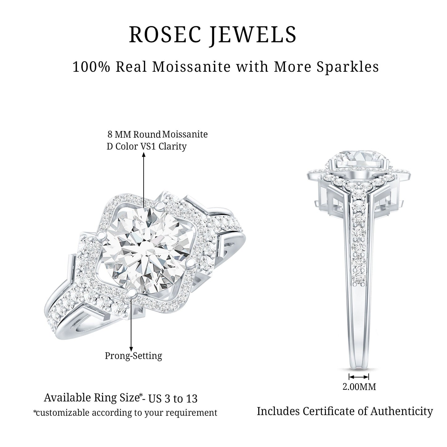 Certified 2 Carat Round Cut Moissanite Antique Engagement Ring