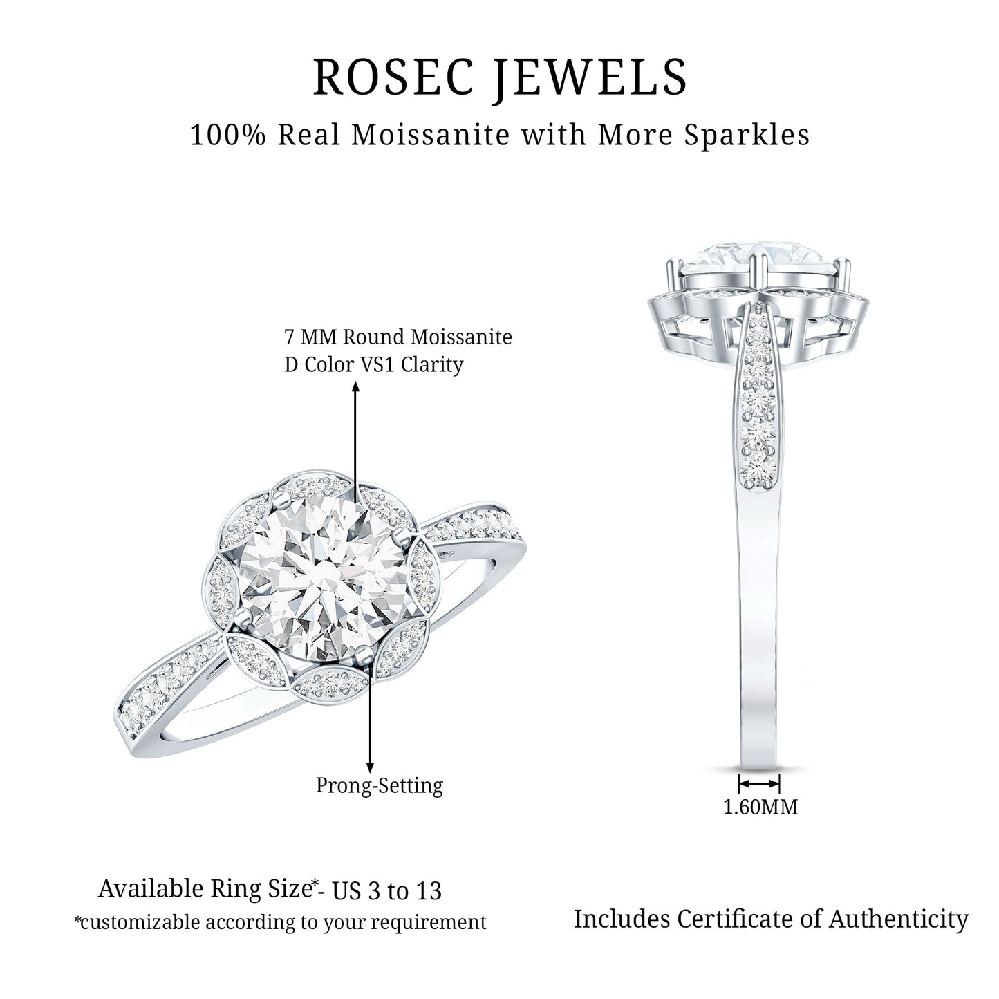 Certified Moissanite Designer Halo Engagement Ring in Gold Plated Silver