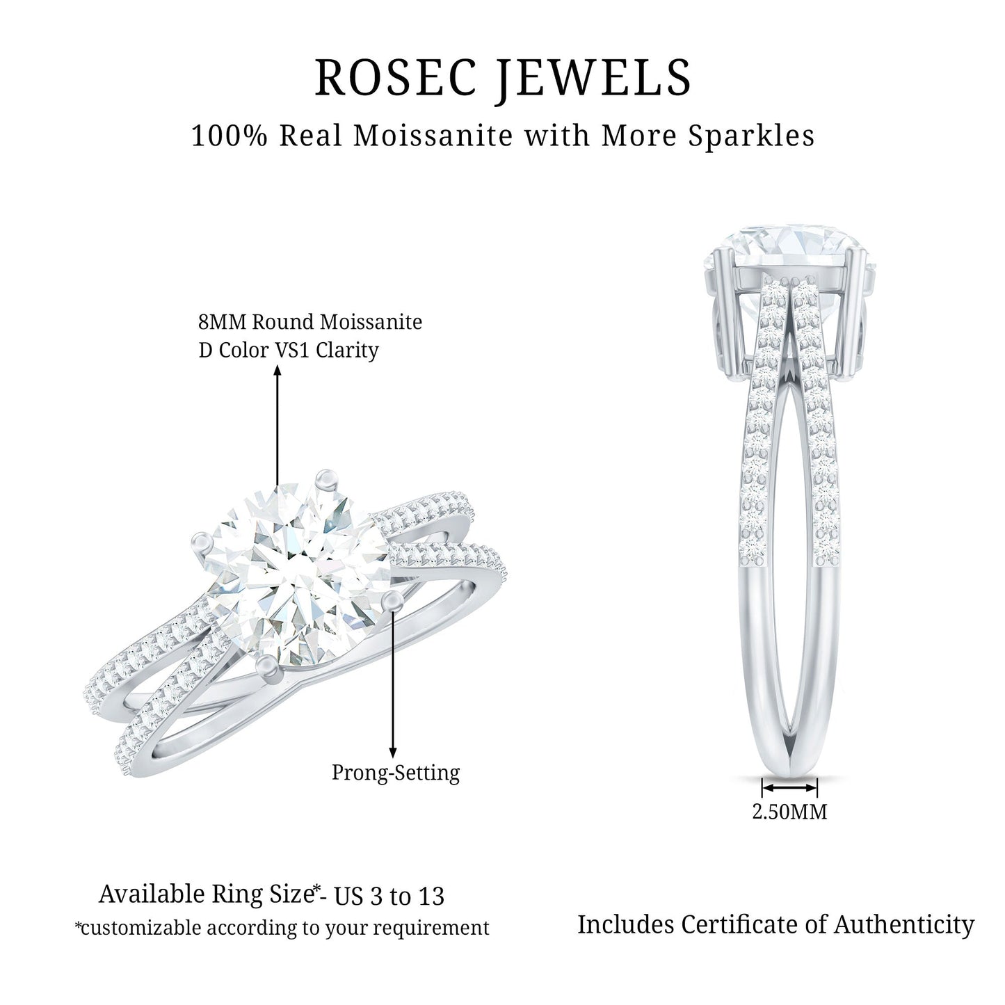 Solitaire Moissanite 2 Carat Engagement Ring with Split Shank