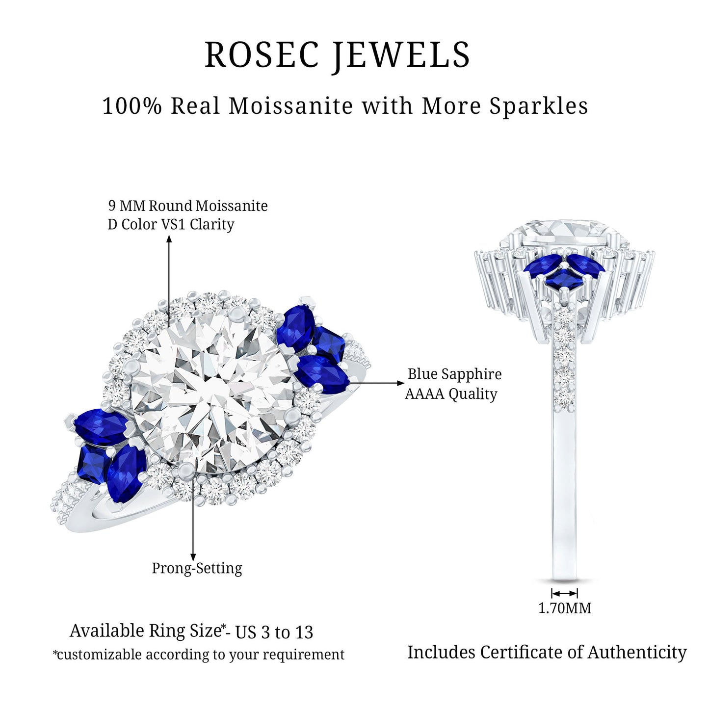 Certified Moissanite 3 Carat Engagement Ring with Lab Grown Blue Sapphire
