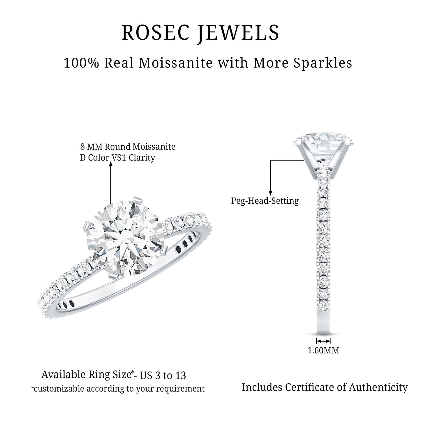 Certified 2 Carat Moissanite Solitaire Engagement Ring