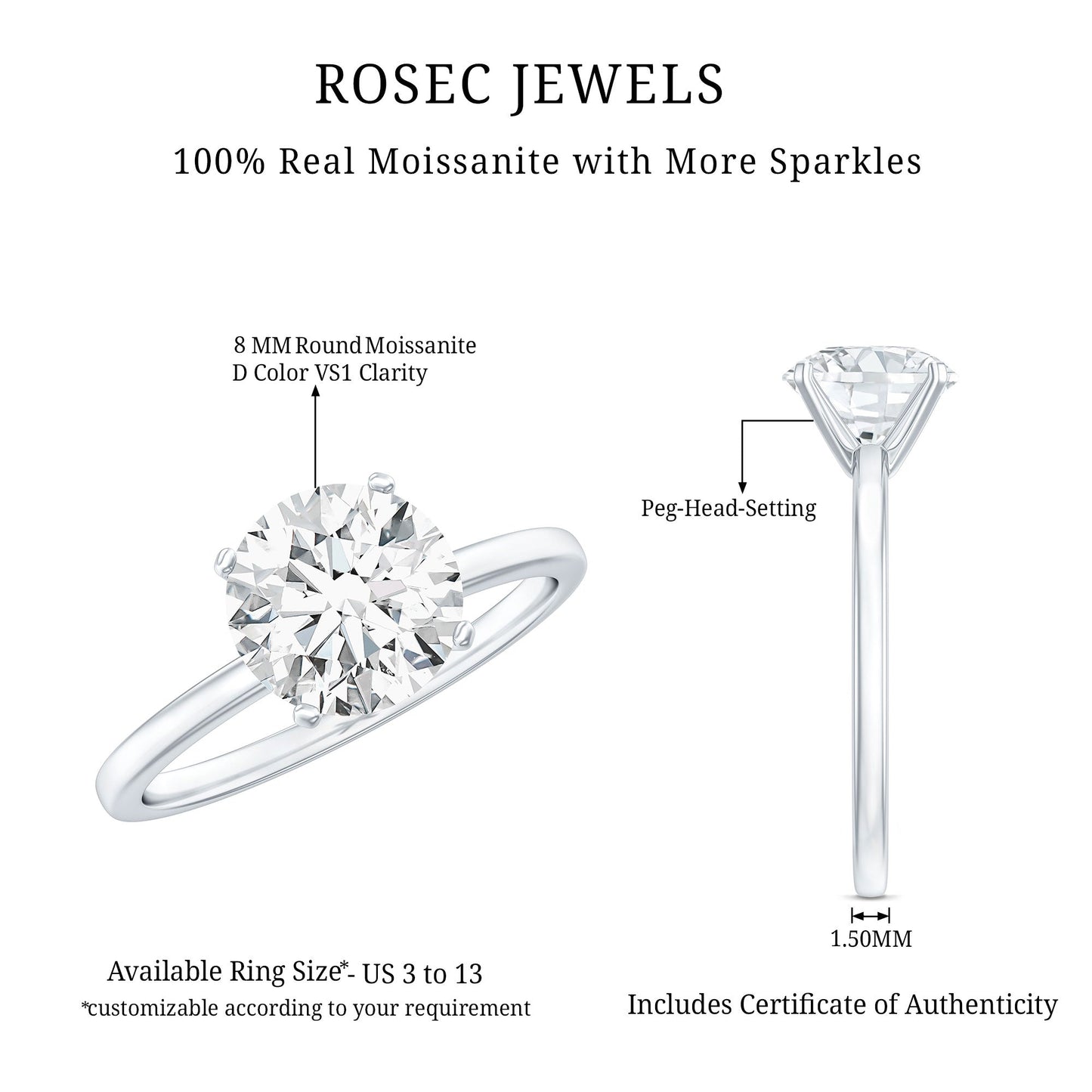 2 Carat Round Moissanite Solitaire Engagement Ring