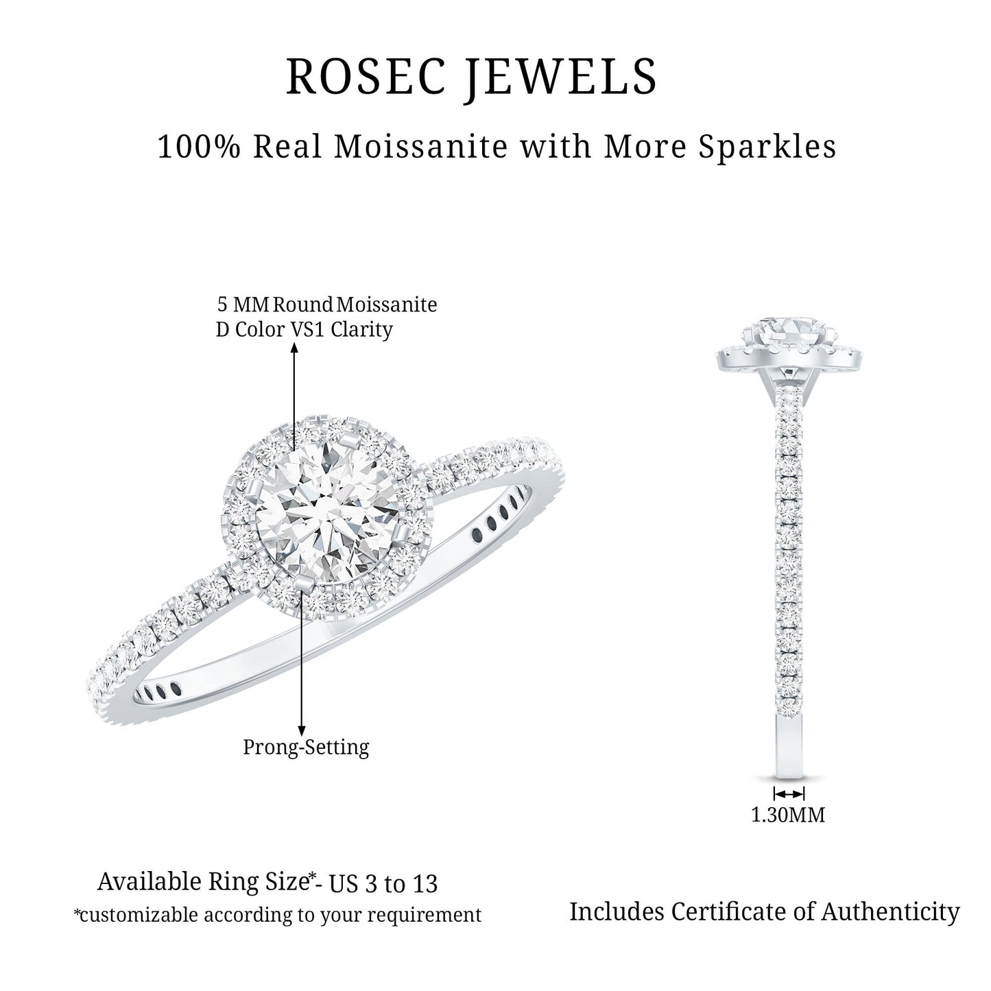 0.5 Carat Round Moissanite Classic Halo Engagement Ring