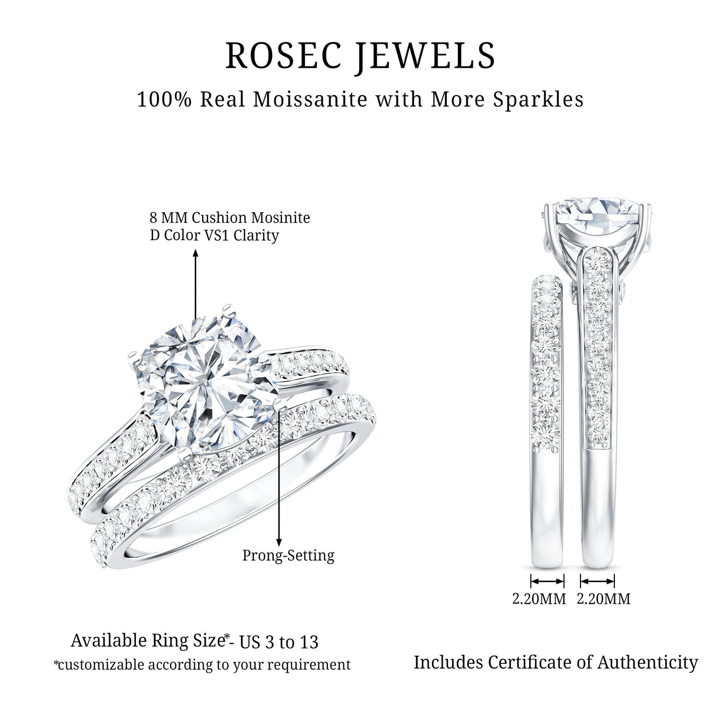 3 CT Cushion Cut Moissanite Solitaire Engagement Ring with Wedding Band