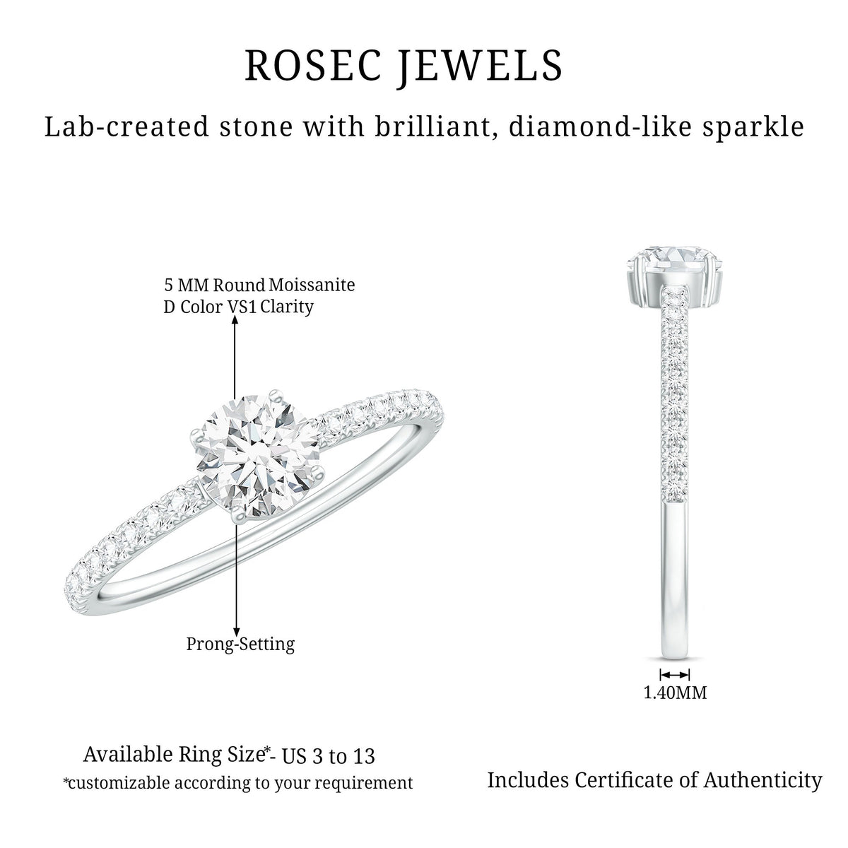 Round Shape Moissanite Solitaire Promise Ring with Side Stones
