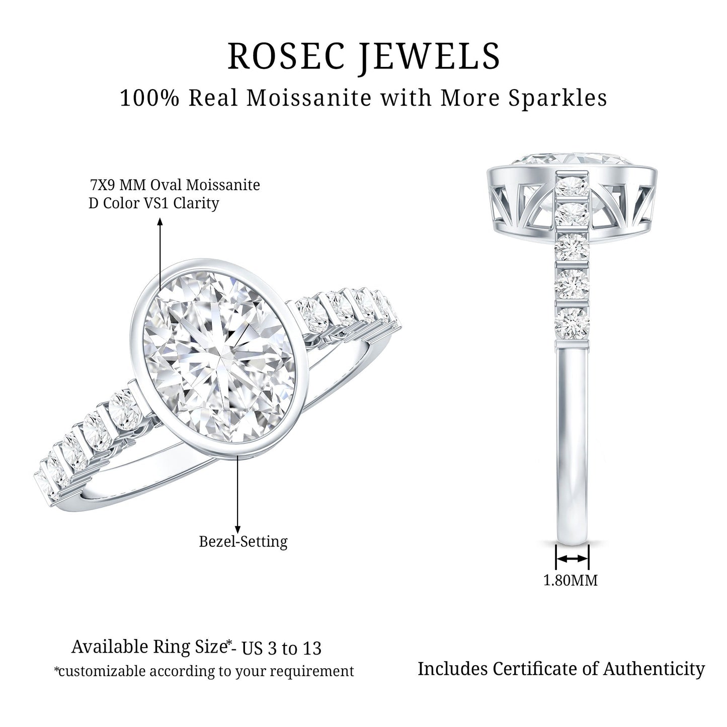 Bezel Set Moissanite Oval Engagement Ring with Side Stones