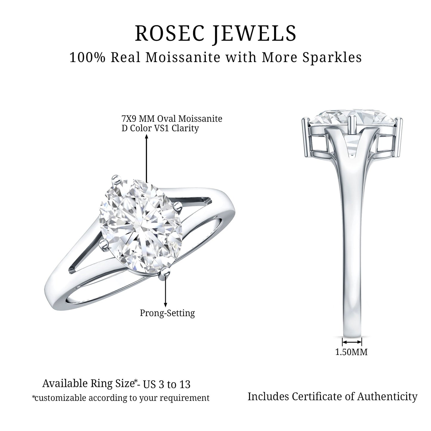 Oval Cut Moissanite Solitaire Engagement Ring in Split Shank