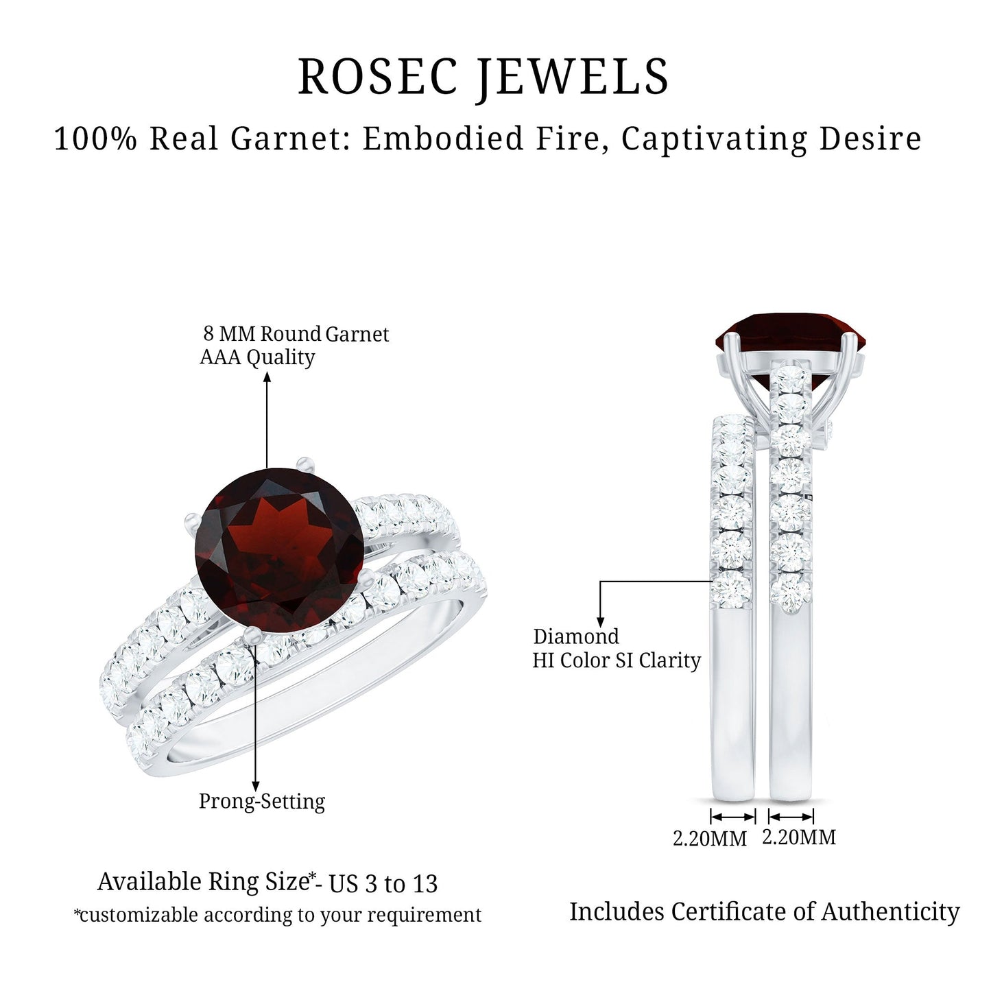 Natural 2.3 Carat Garnet Diamond Wedding Bridal Ring Set of 2