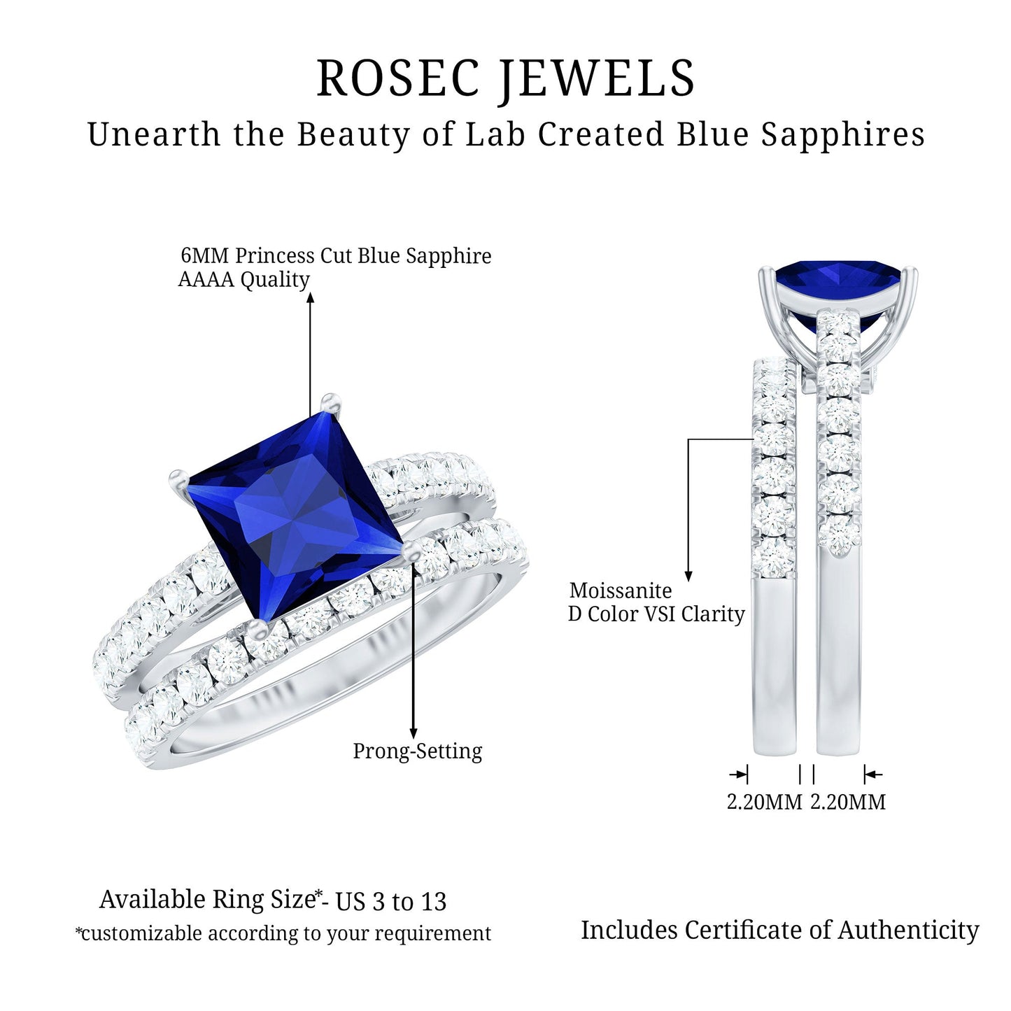 Certified Lab Grown Blue Sapphire Princess Cut Engagement Ring Set with Moissanite