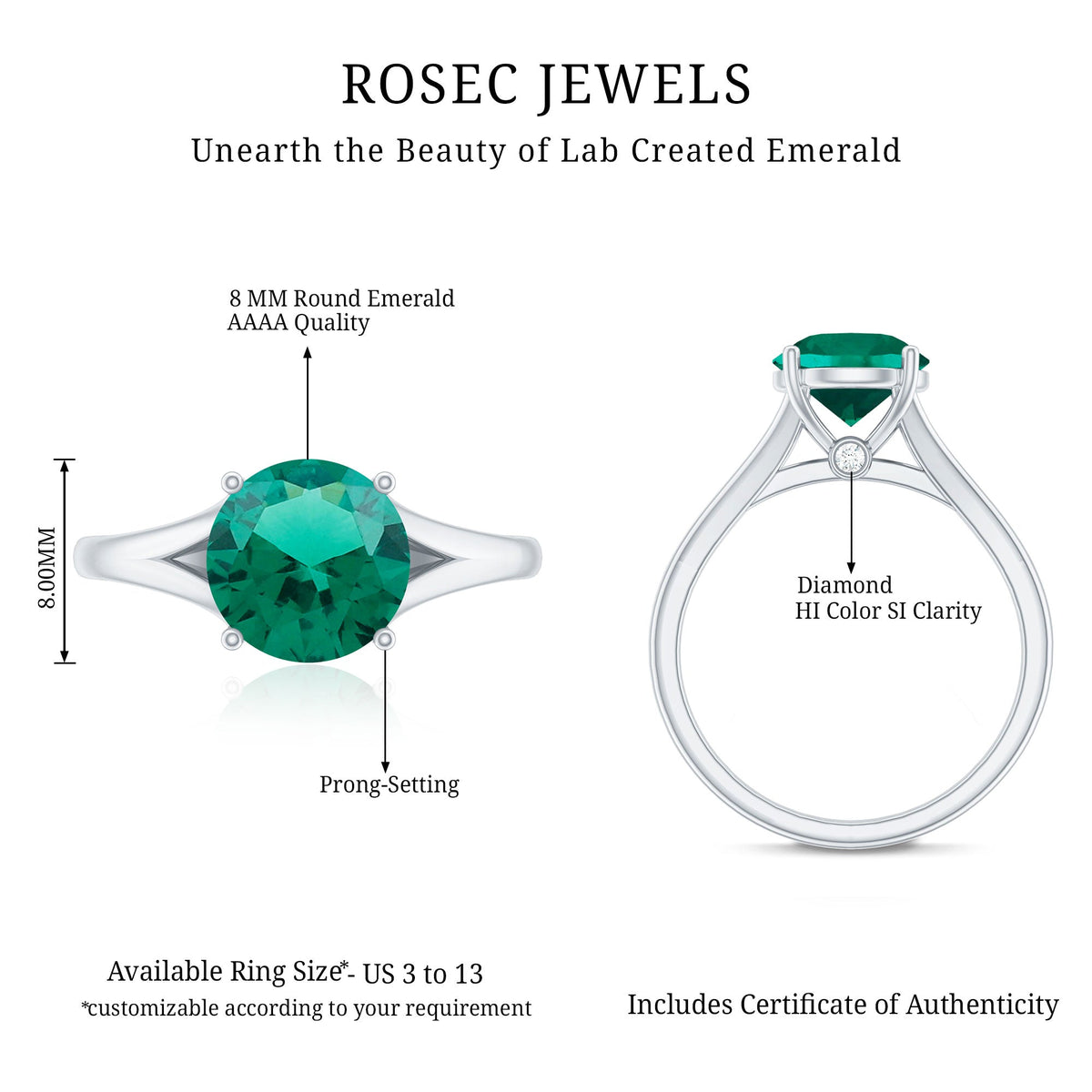 Certified 2 Carat Lab Grown Emerald Engagement Ring with Surprise Diamond
