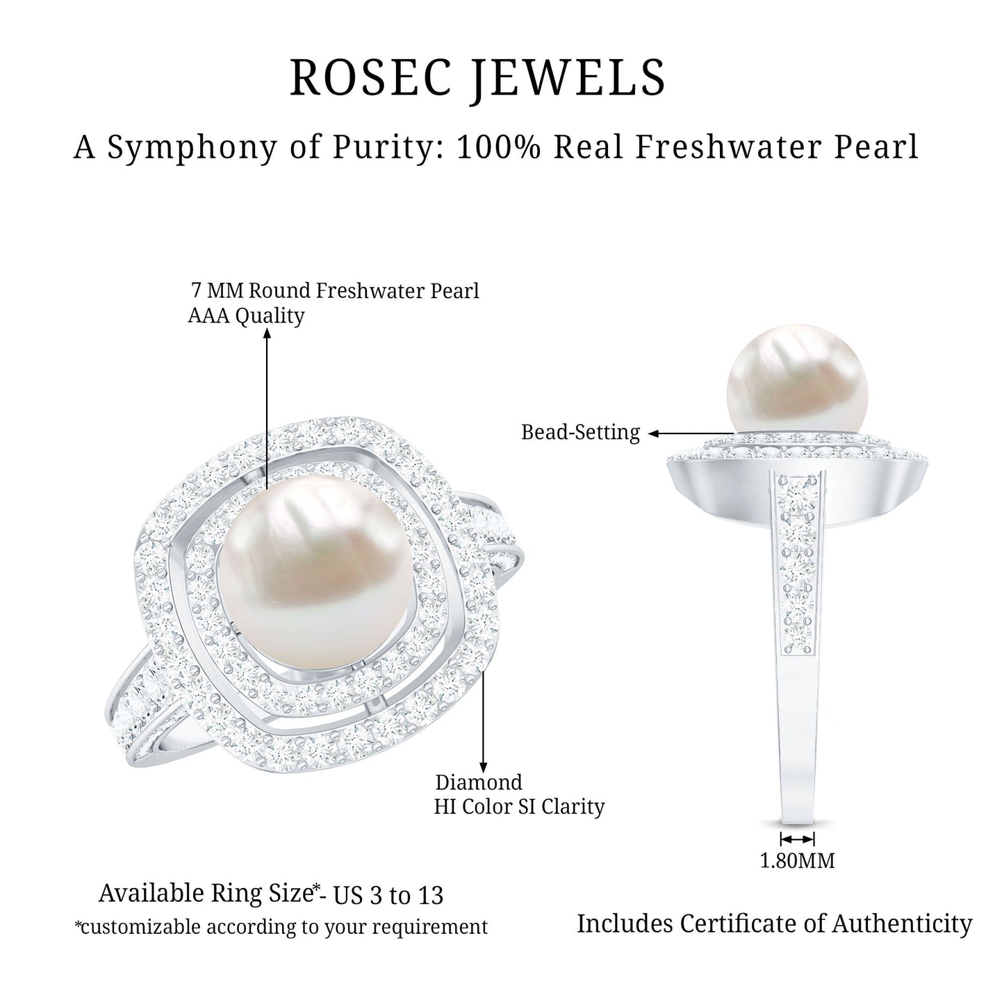 Cultured 3 Carat Freshwater Pearl Double Halo Engagement Ring with Moissanite