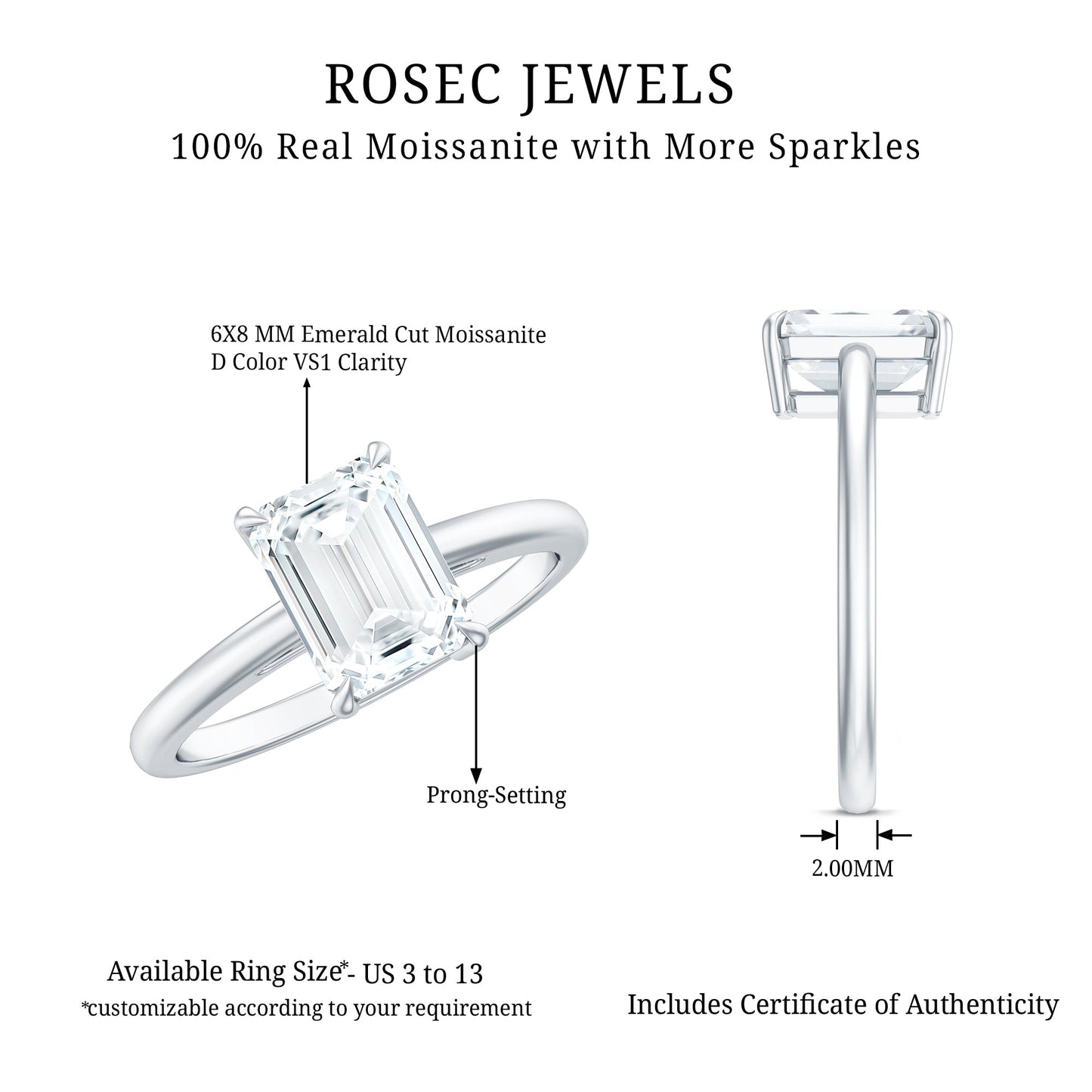 Certified 1.8 Carat Moissanite Emerald Cut Engagement Ring