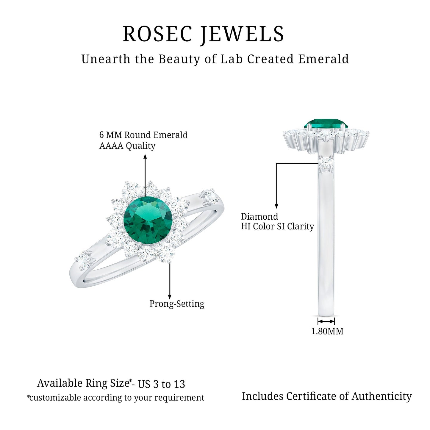 Certified Lab Grown Emerald Classic Engagement Ring with Diamond