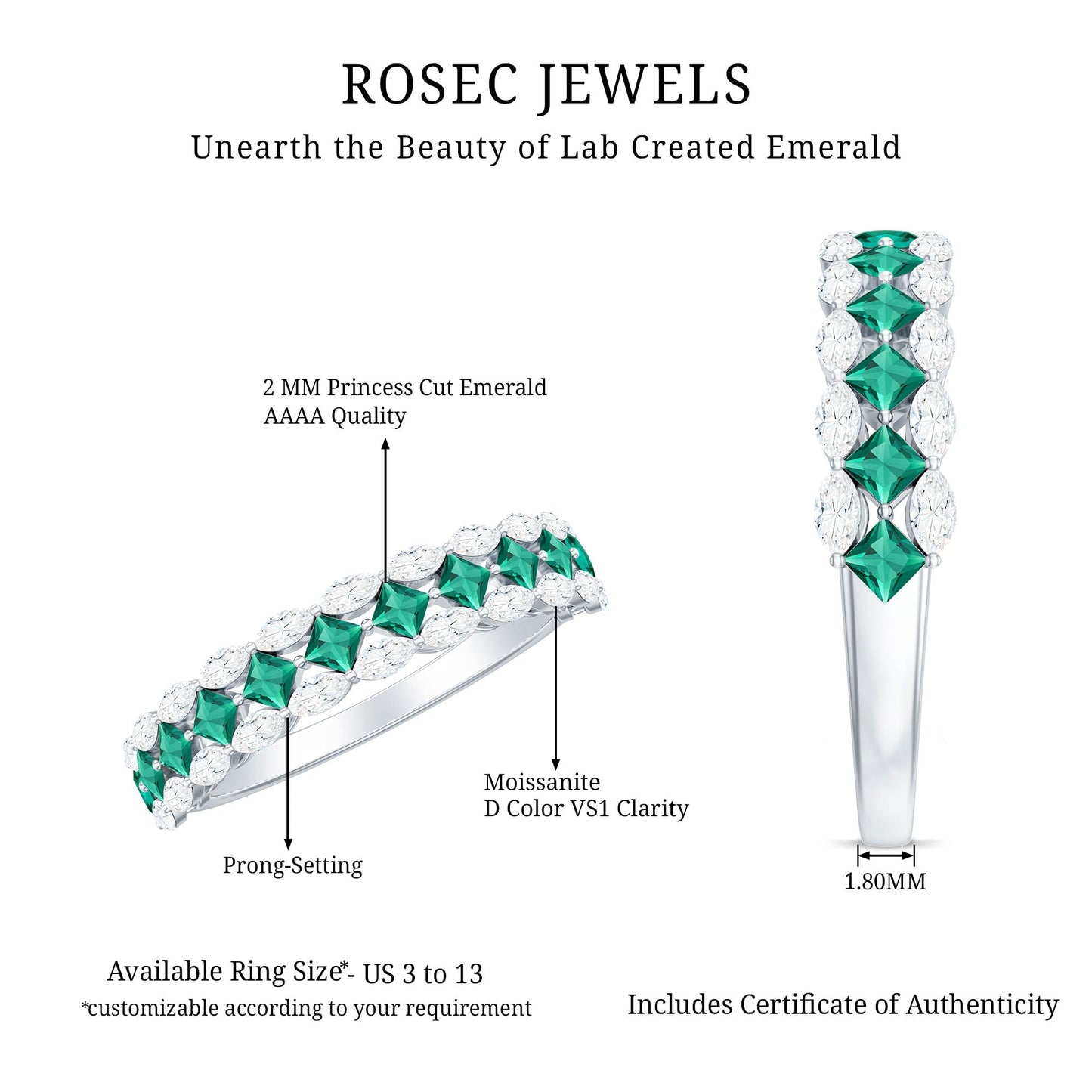 Certified Lab Grown Emerald Half Eternity Wedding Band