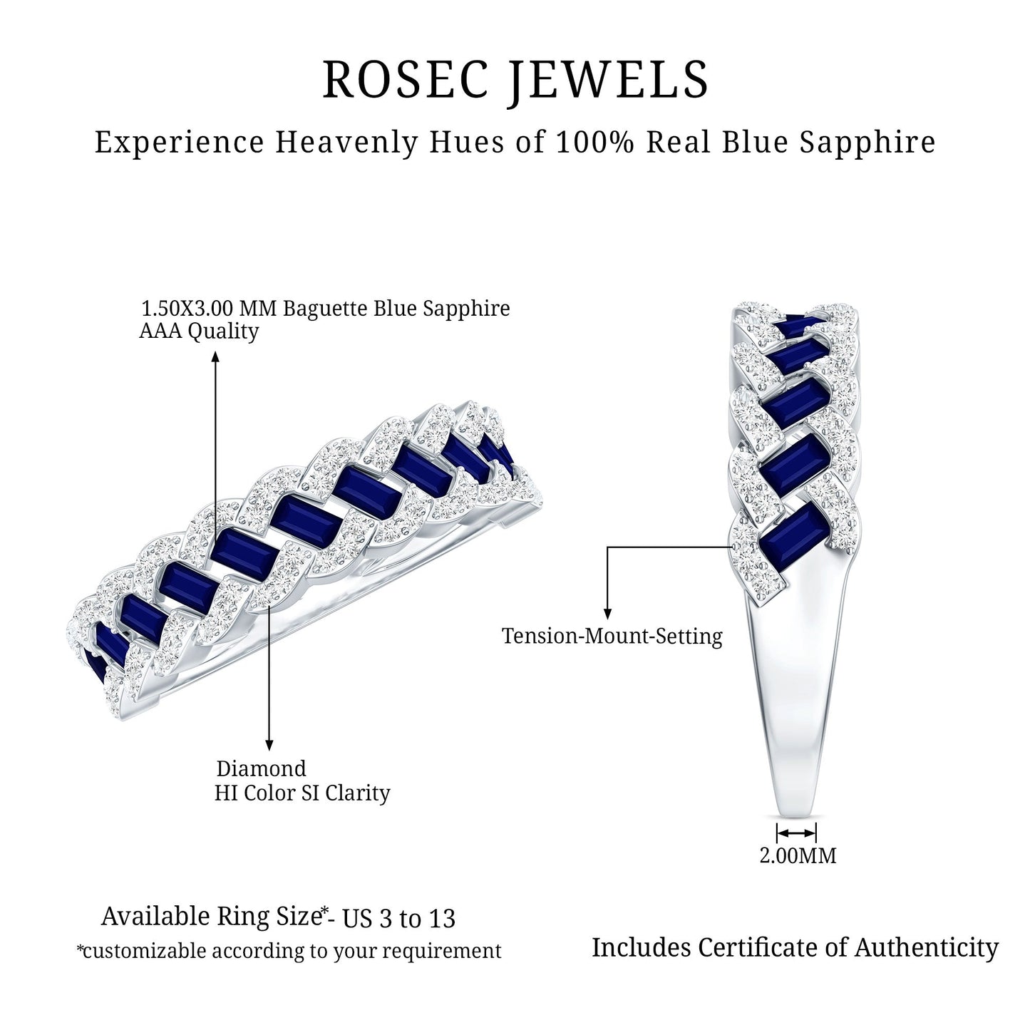 Natural Baguette Blue Sapphire Half Eternity Ring with Diamond