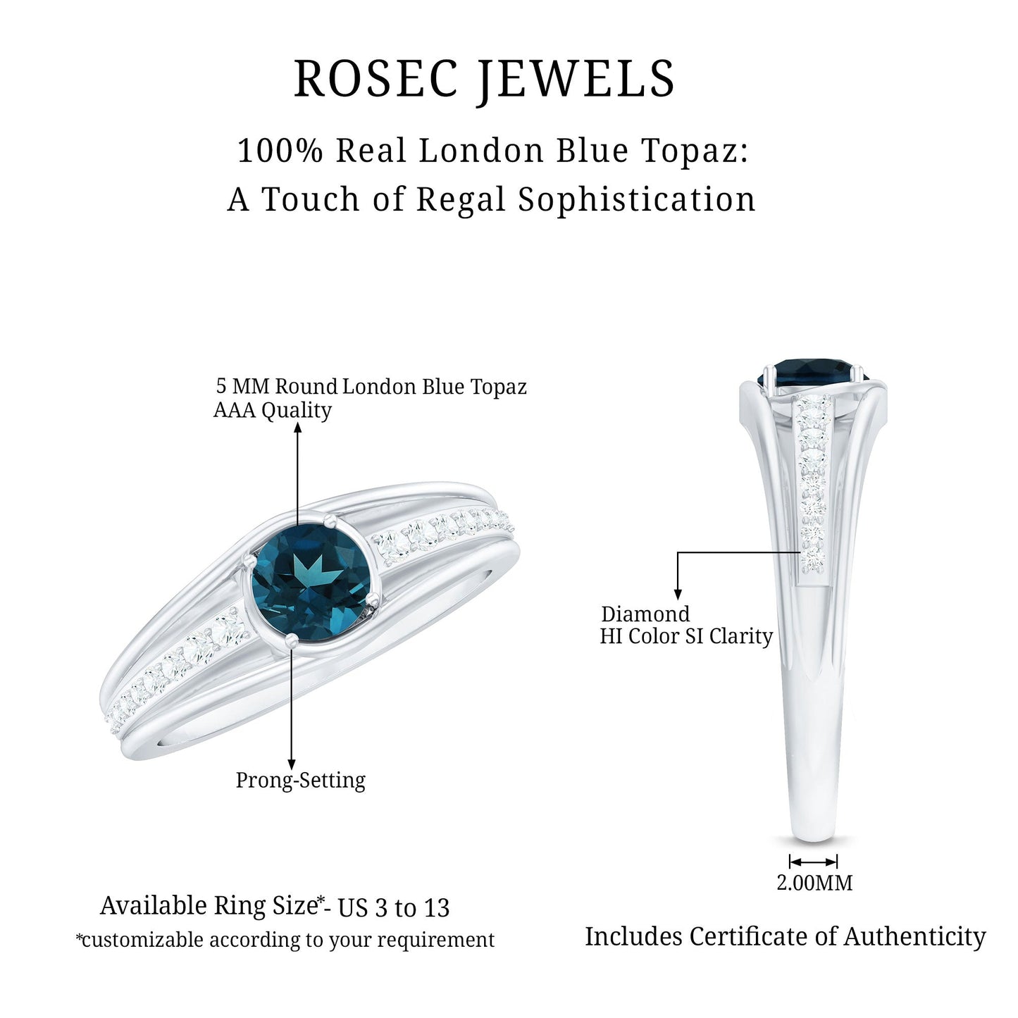 Genuine London Blue Topaz Engagement Ring with Diamond Side Stones